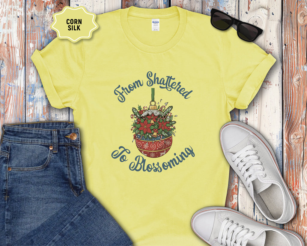 From Shattered to Blossoming Broken Christmas Ornament with Blooming Flowers T-Shirt
