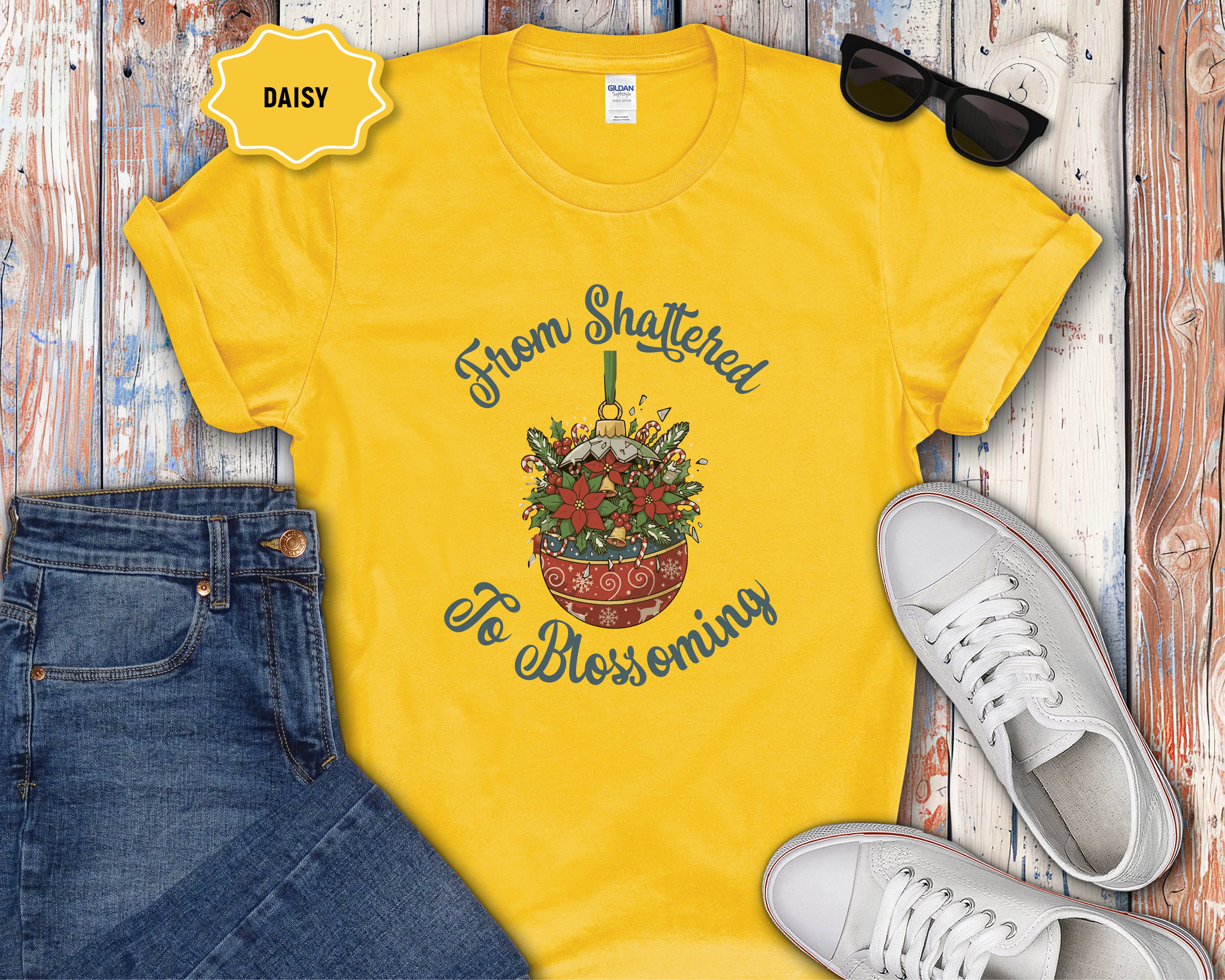 From Shattered to Blossoming Broken Christmas Ornament with Blooming Flowers T-Shirt