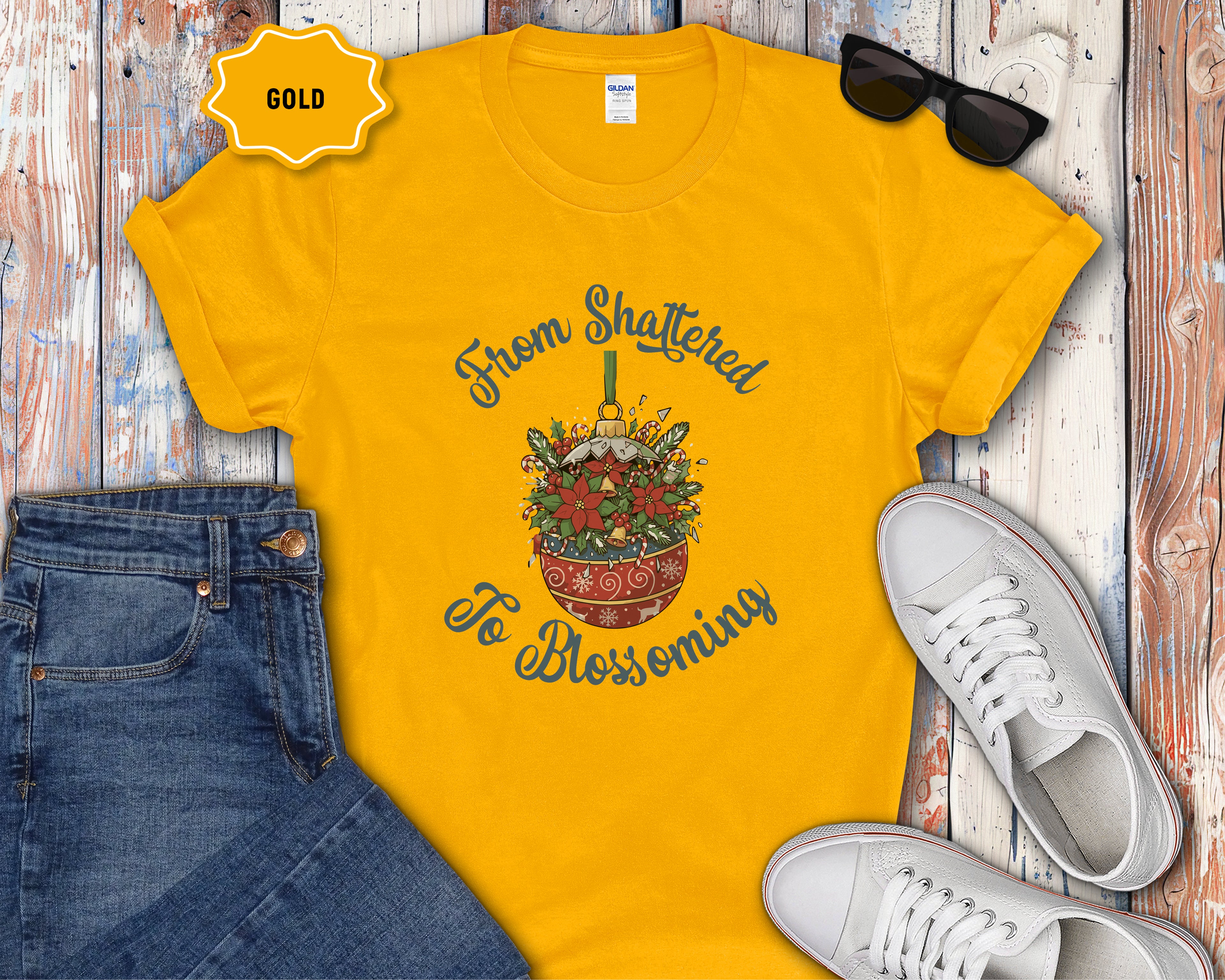 From Shattered to Blossoming Broken Christmas Ornament with Blooming Flowers T-Shirt