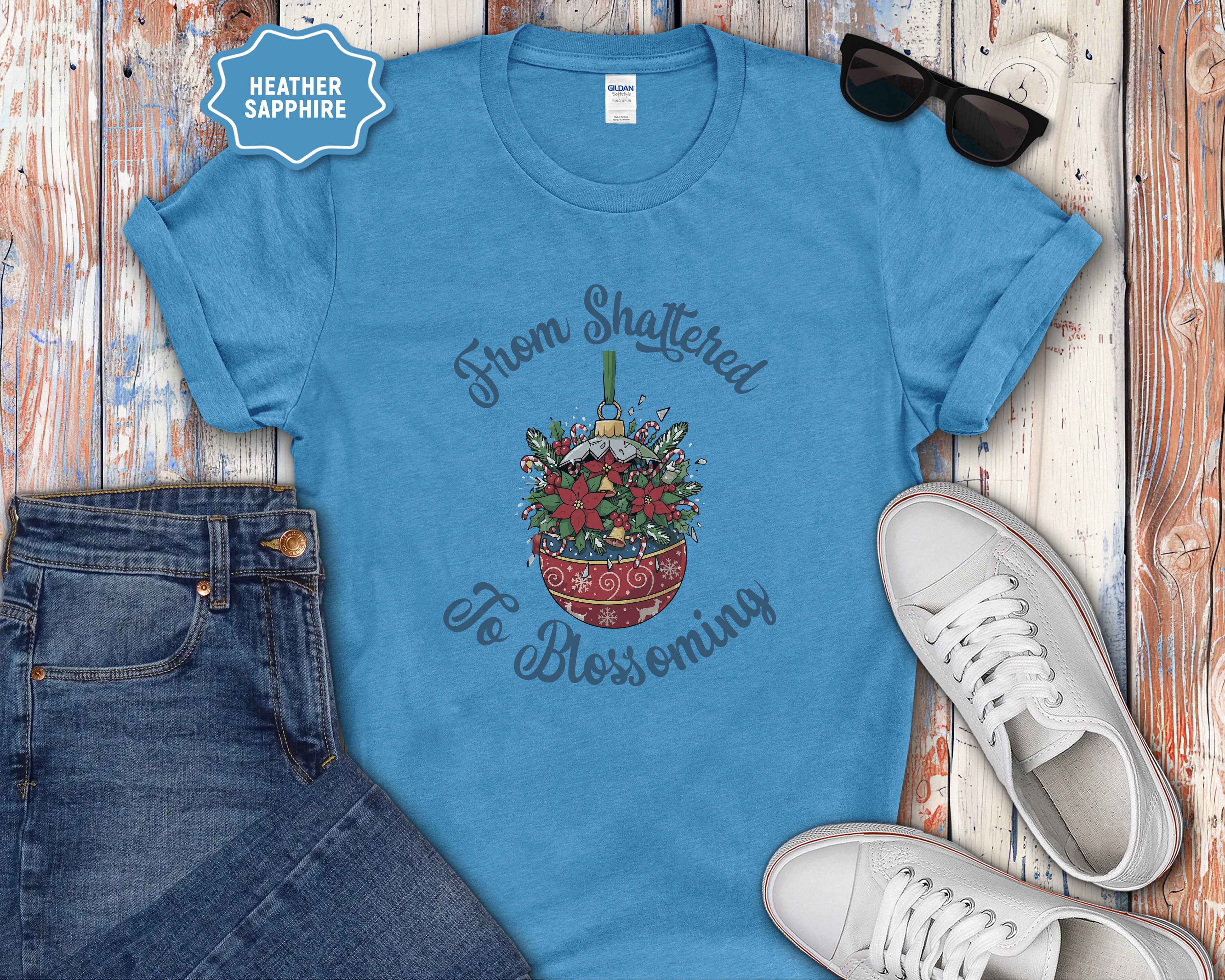 From Shattered to Blossoming Broken Christmas Ornament with Blooming Flowers T-Shirt