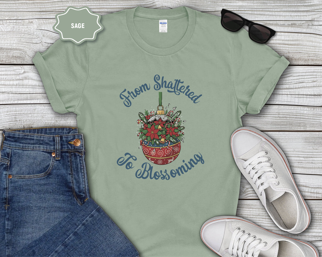 From Shattered to Blossoming Broken Christmas Ornament with Blooming Flowers T-Shirt