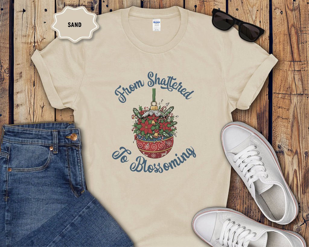 From Shattered to Blossoming Broken Christmas Ornament with Blooming Flowers T-Shirt