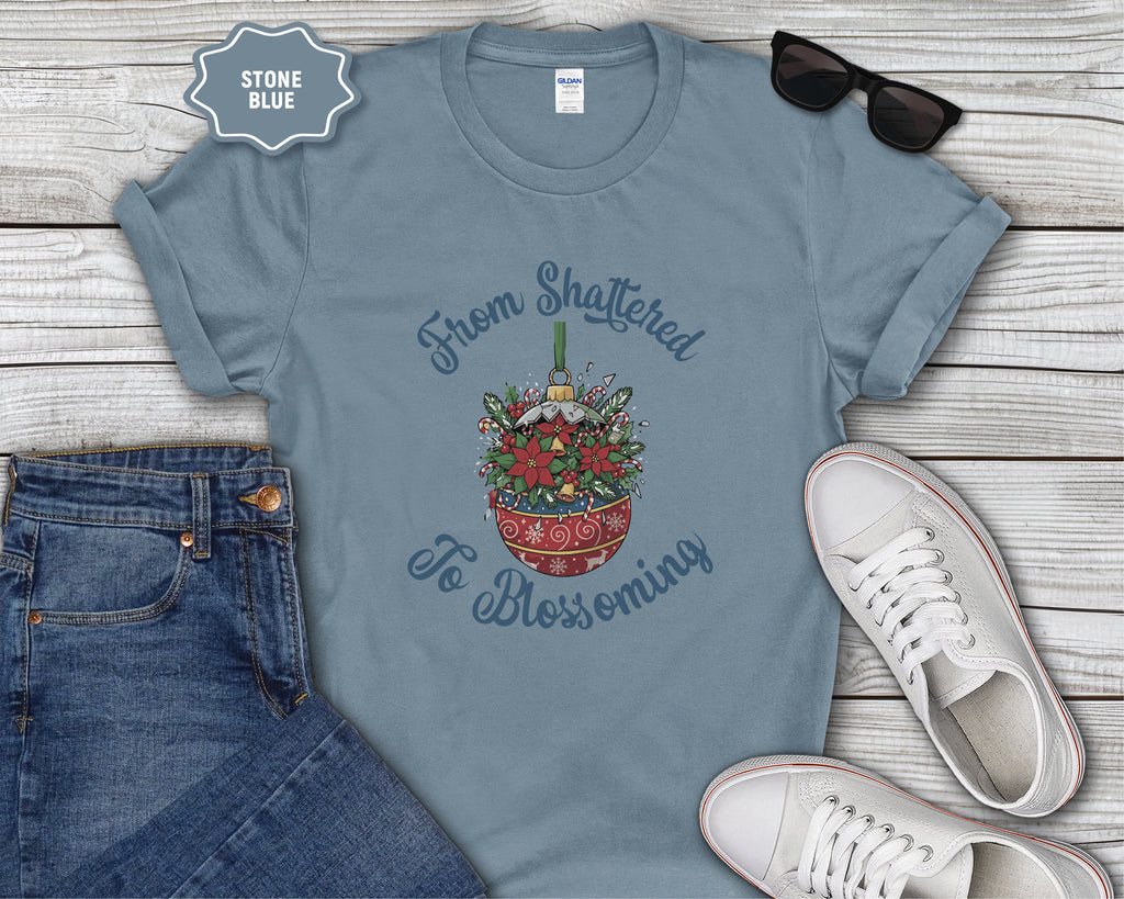 From Shattered to Blossoming Broken Christmas Ornament with Blooming Flowers T-Shirt