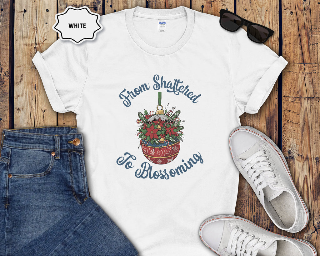 From Shattered to Blossoming Broken Christmas Ornament with Blooming Flowers T-Shirt