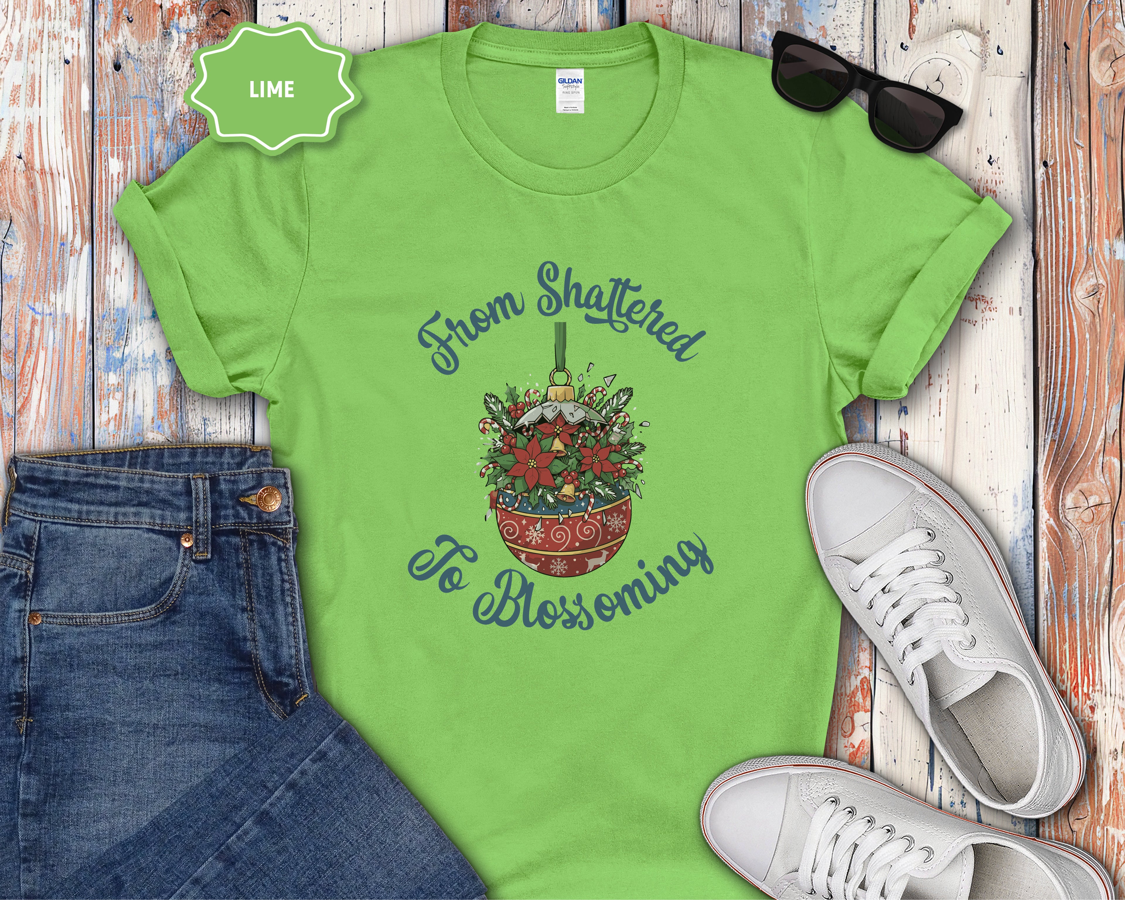 From Shattered to Blossoming Broken Christmas Ornament with Blooming Flowers T-Shirt