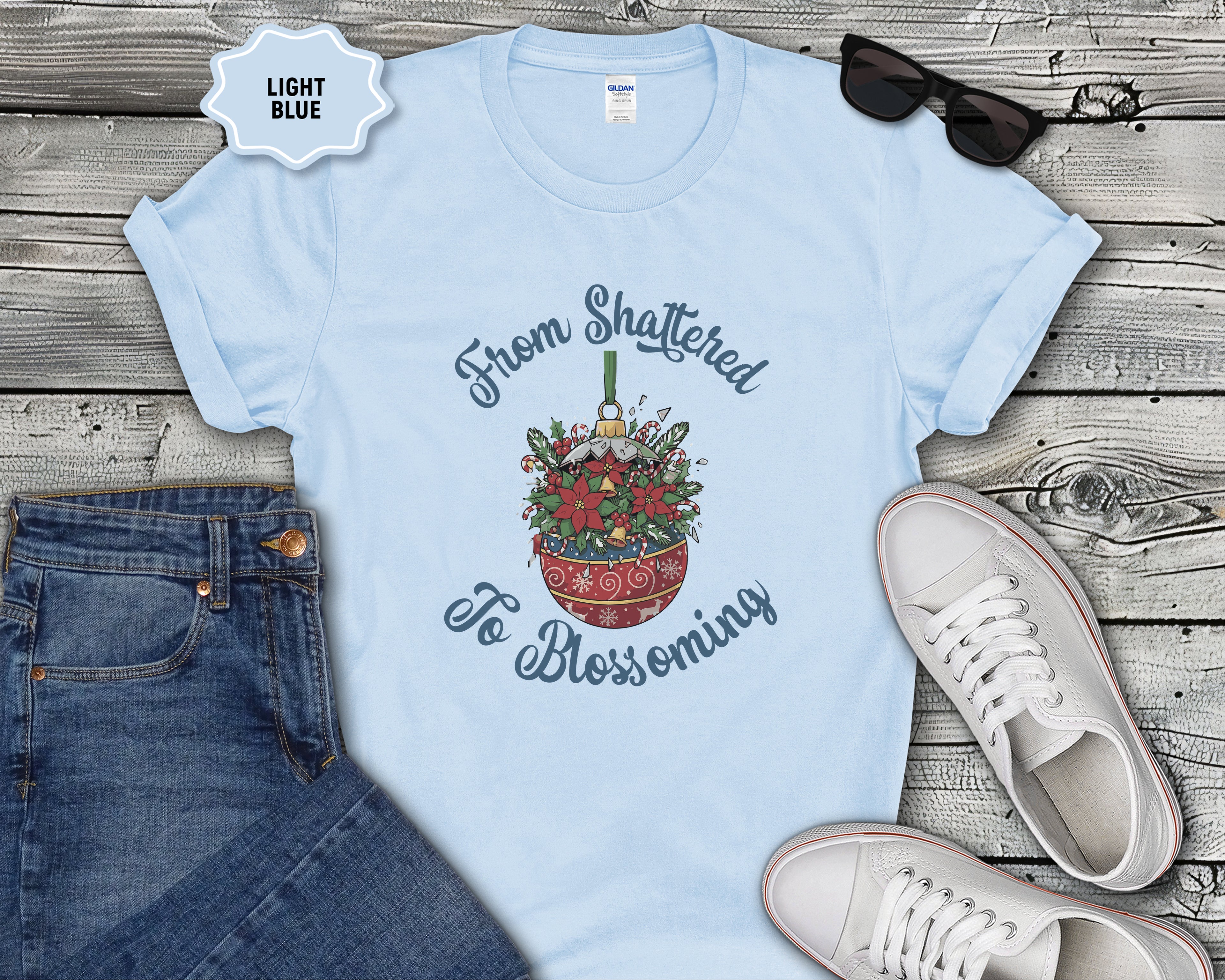 From Shattered to Blossoming Broken Christmas Ornament with Blooming Flowers T-Shirt