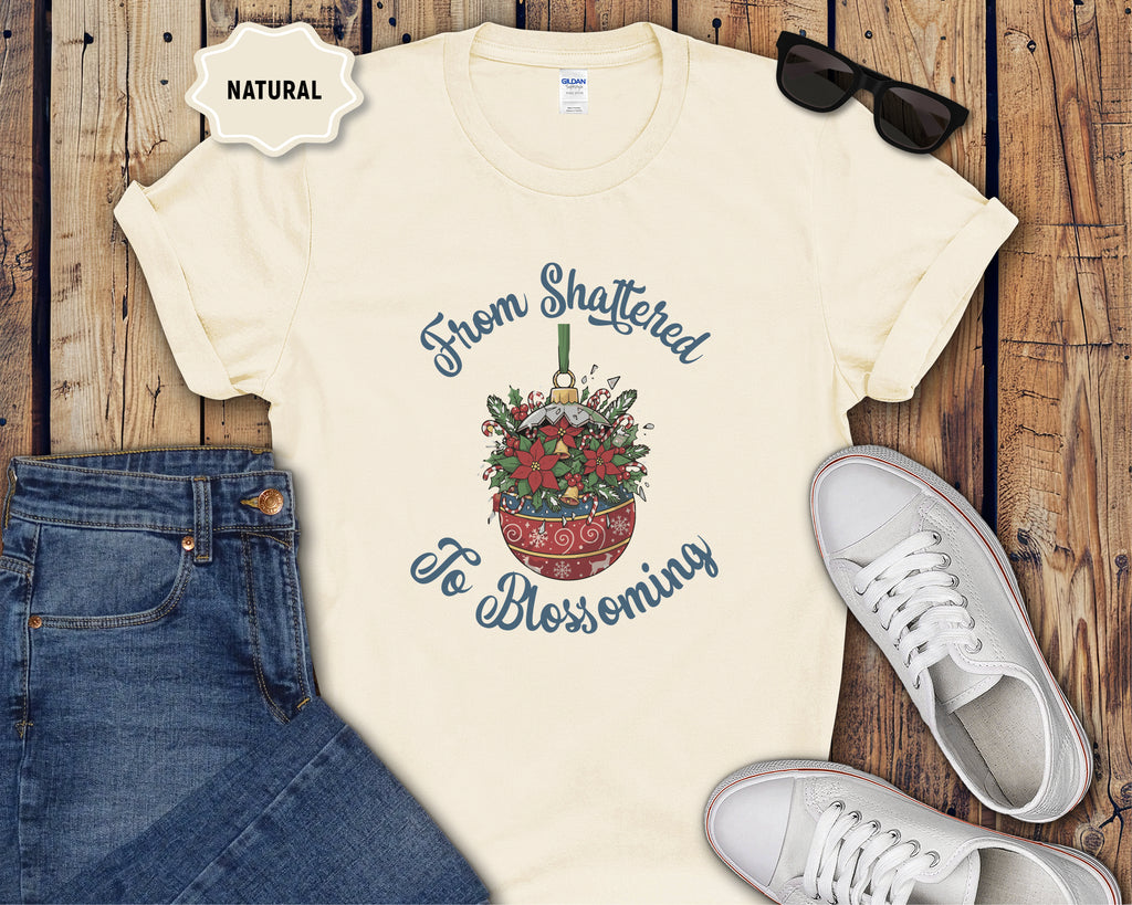 From Shattered to Blossoming Broken Christmas Ornament with Blooming Flowers T-Shirt