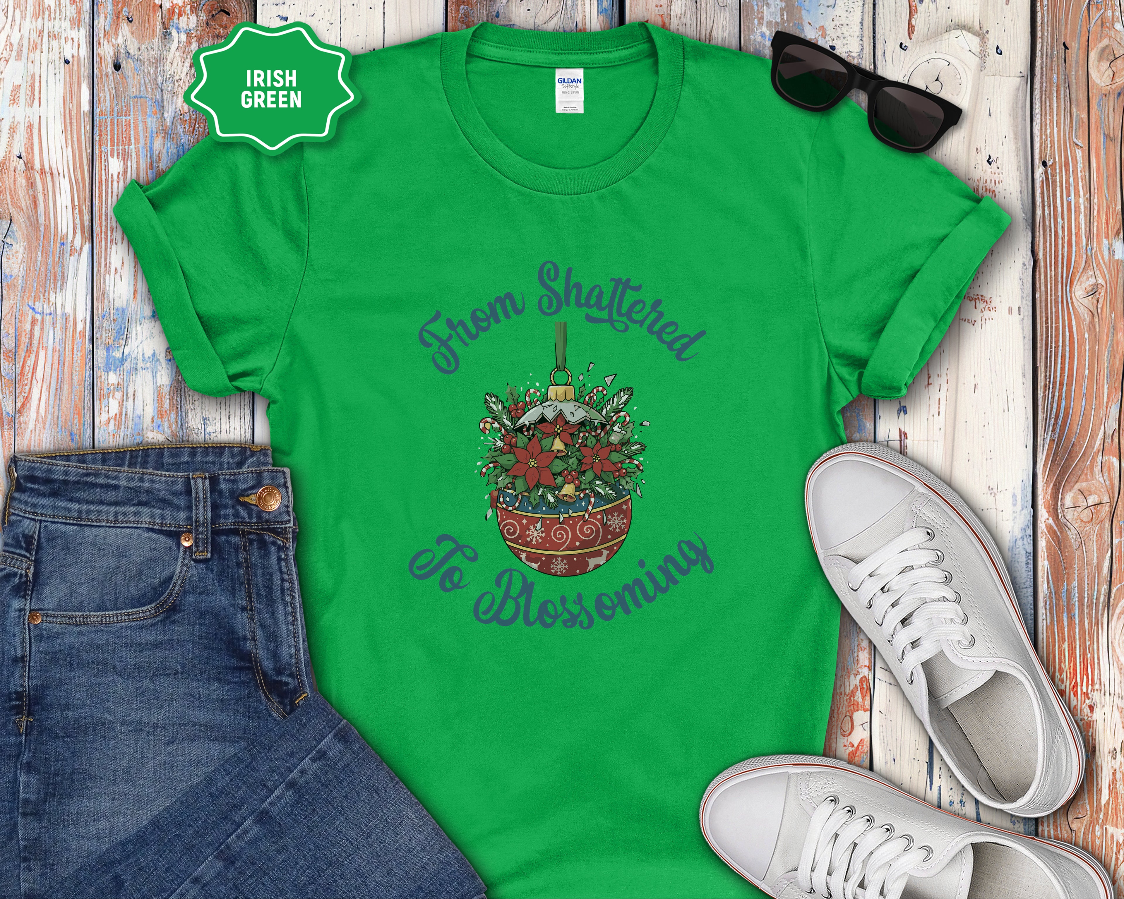 From Shattered to Blossoming Broken Christmas Ornament with Blooming Flowers T-Shirt