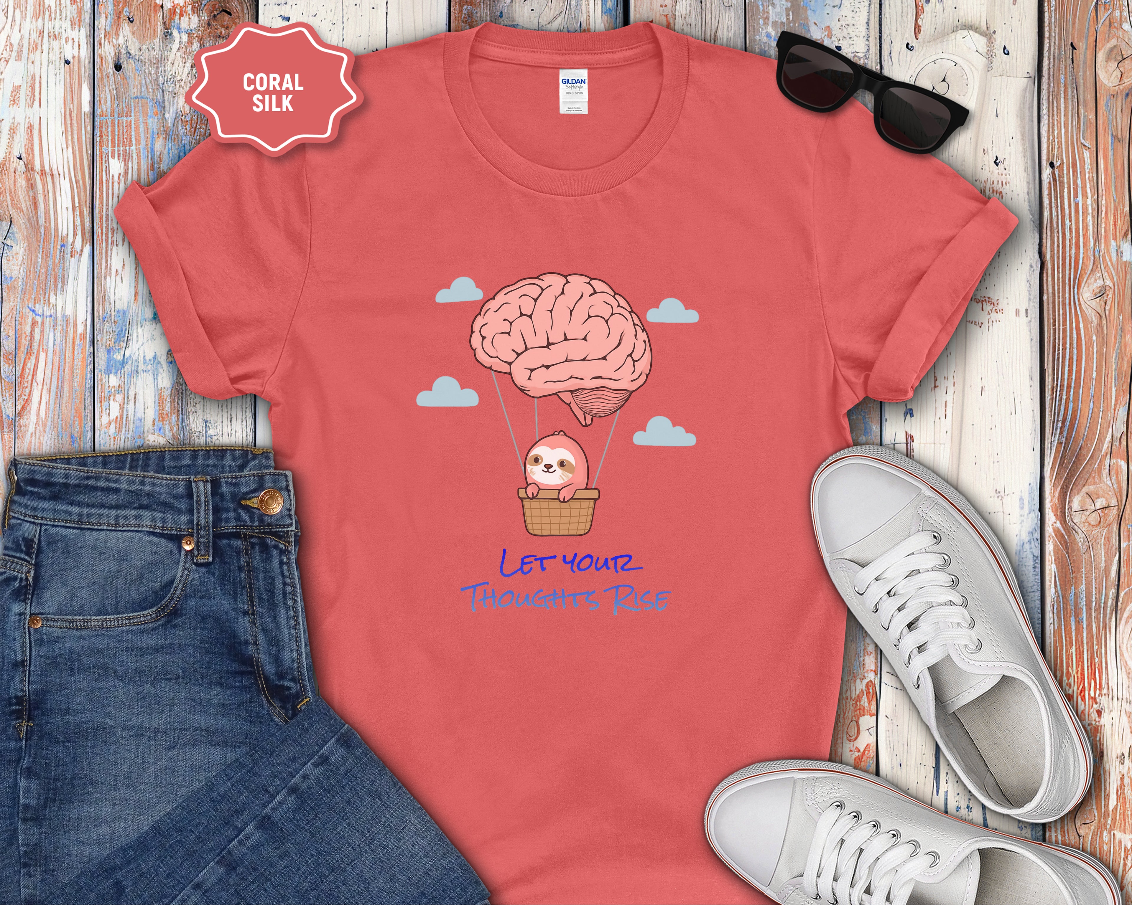 Let Your Thoughts Rise, Sloth in a Brain Hot Air Balloon T-Shirt