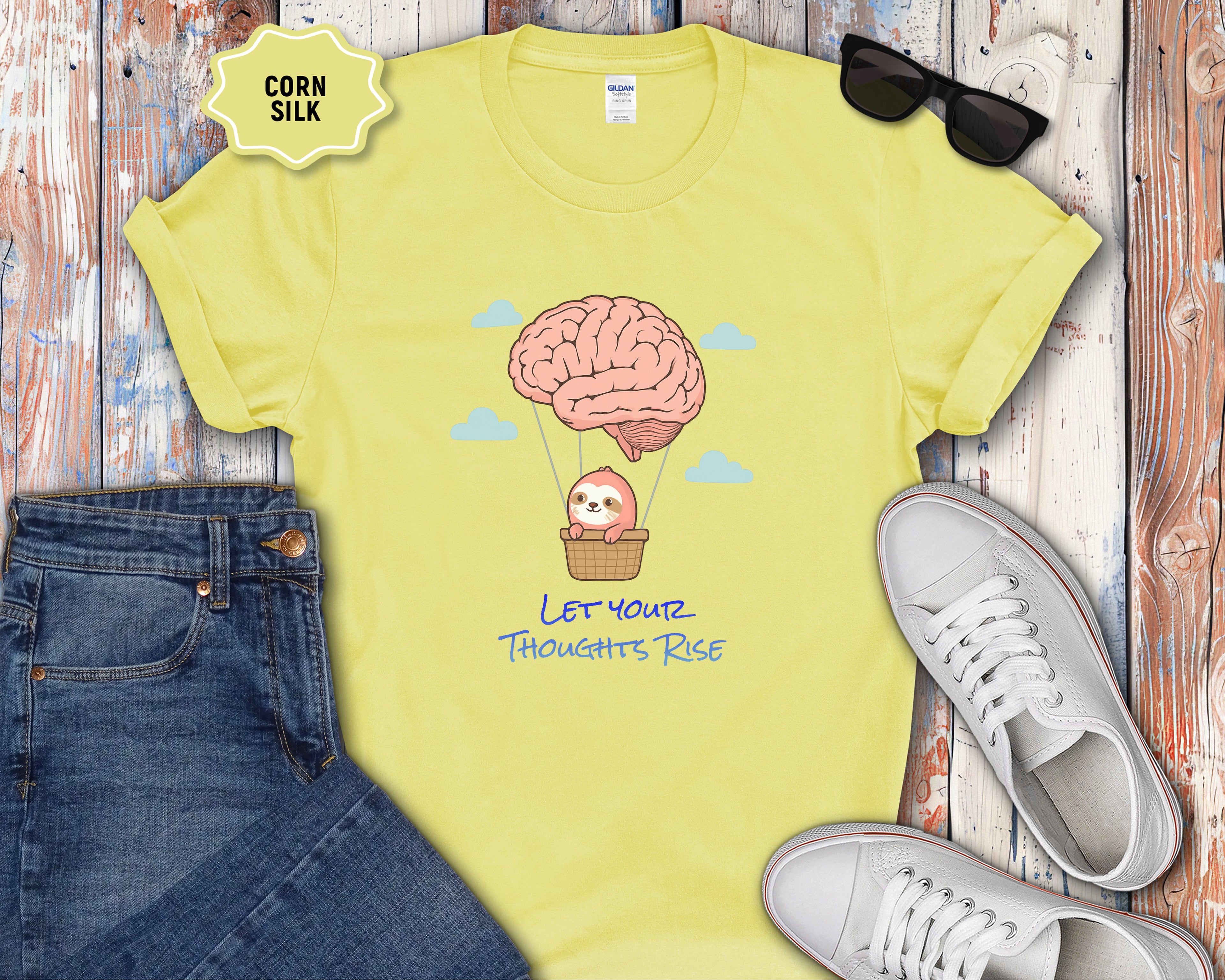 Let Your Thoughts Rise, Sloth in a Brain Hot Air Balloon T-Shirt