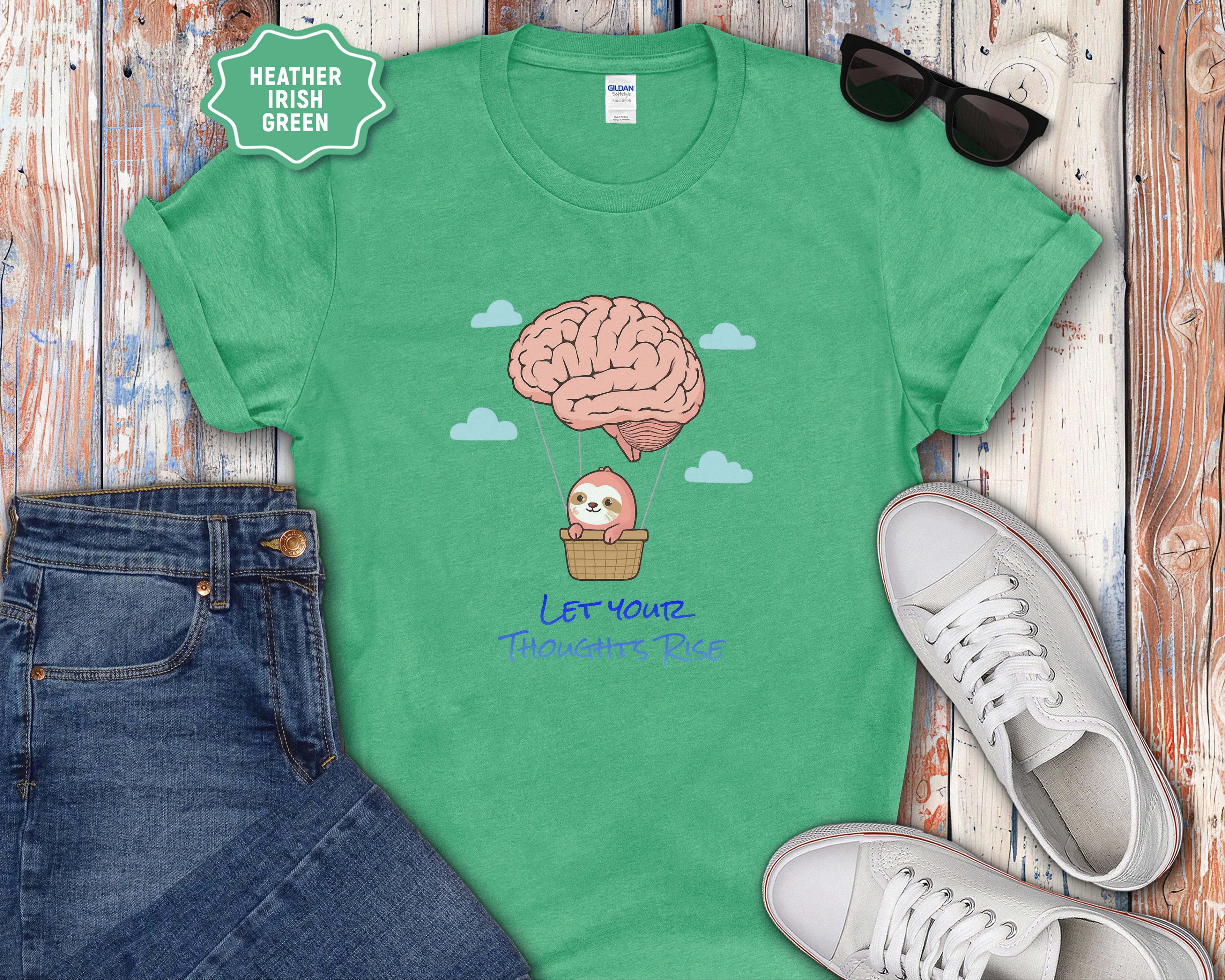 Let Your Thoughts Rise, Sloth in a Brain Hot Air Balloon T-Shirt
