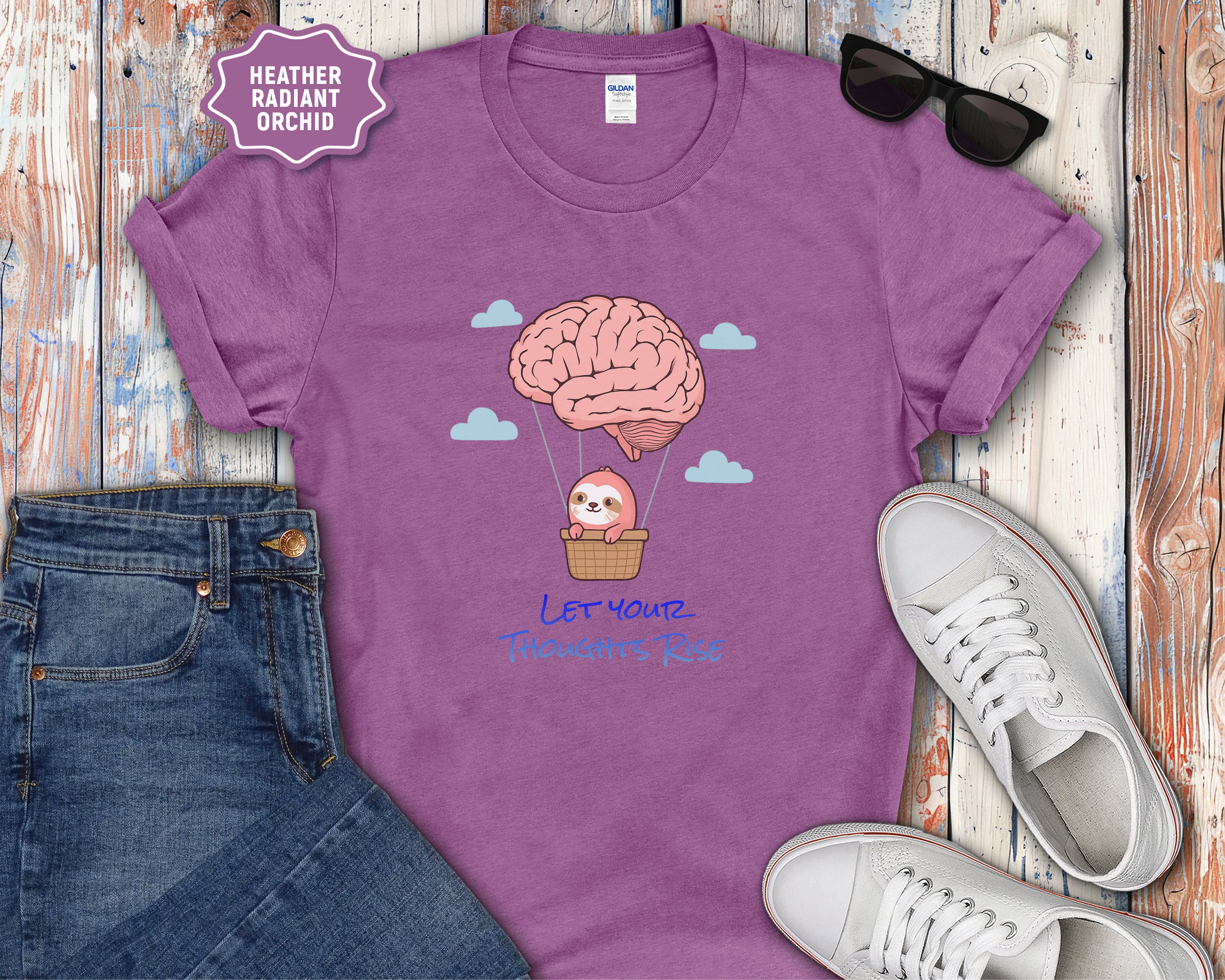 Let Your Thoughts Rise, Sloth in a Brain Hot Air Balloon T-Shirt
