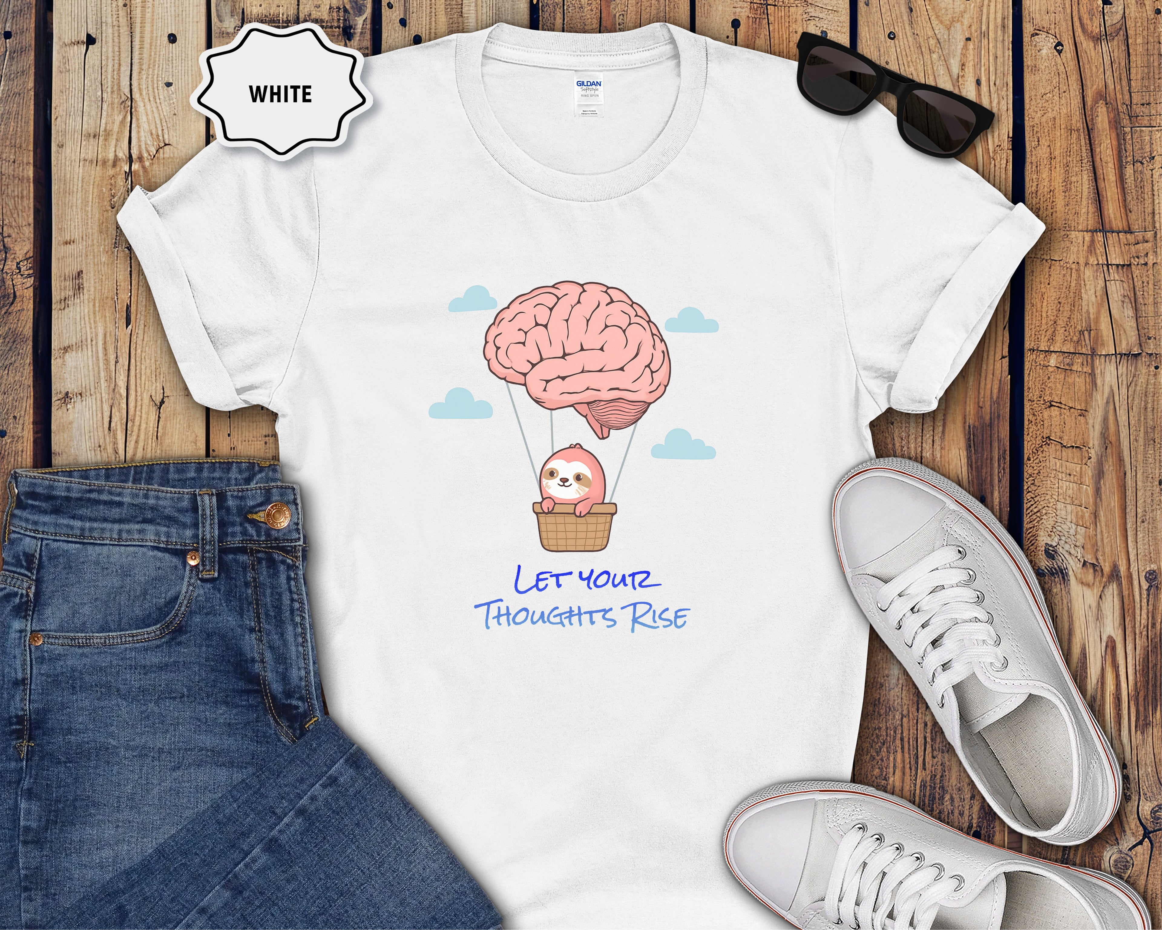 Let Your Thoughts Rise, Sloth in a Brain Hot Air Balloon T-Shirt