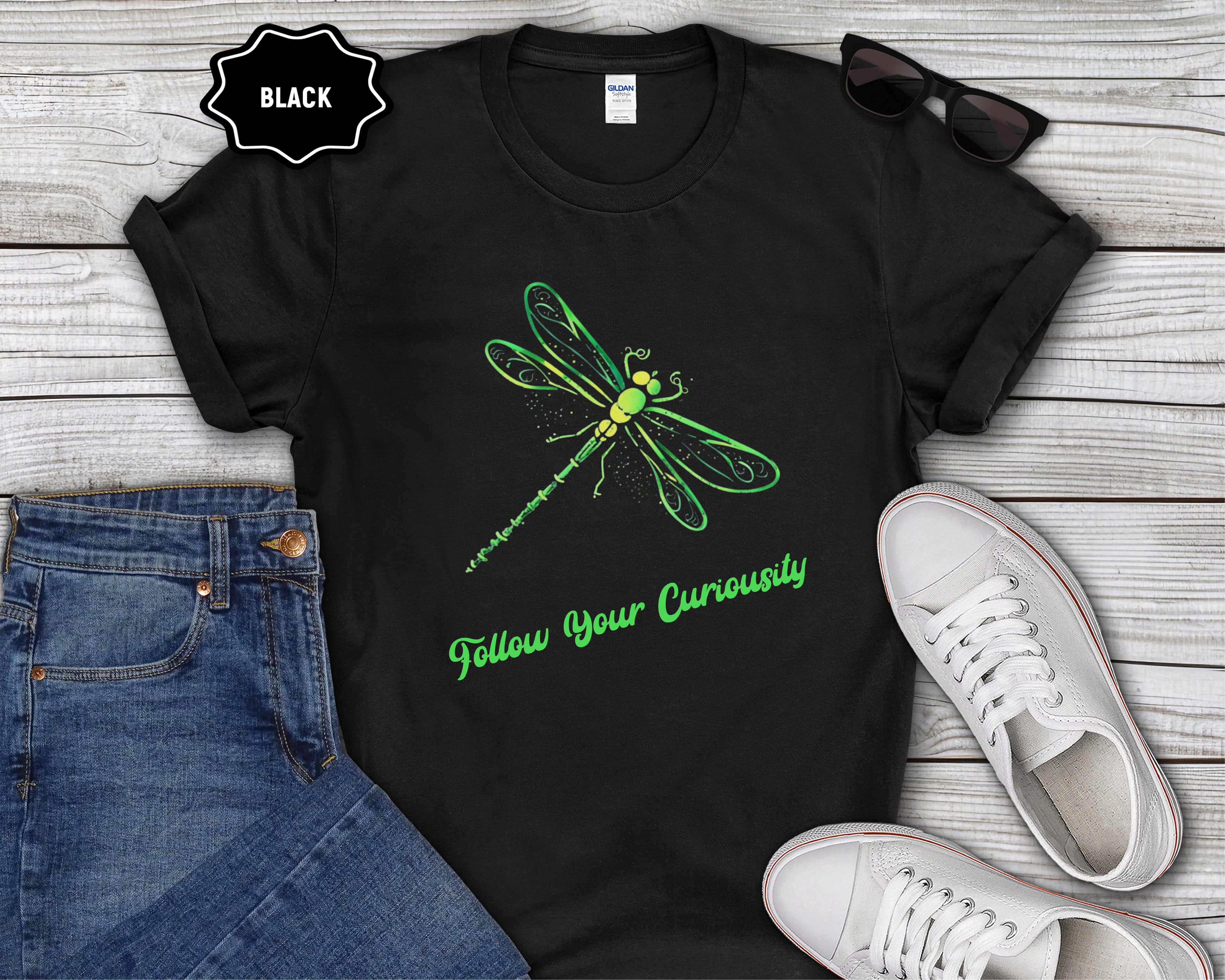 Neon Green Dragonfly Illustration T-Shirt | Follow Your Curiousity