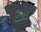 Neon Green Dragonfly Illustration T-Shirt | Follow Your Curiousity