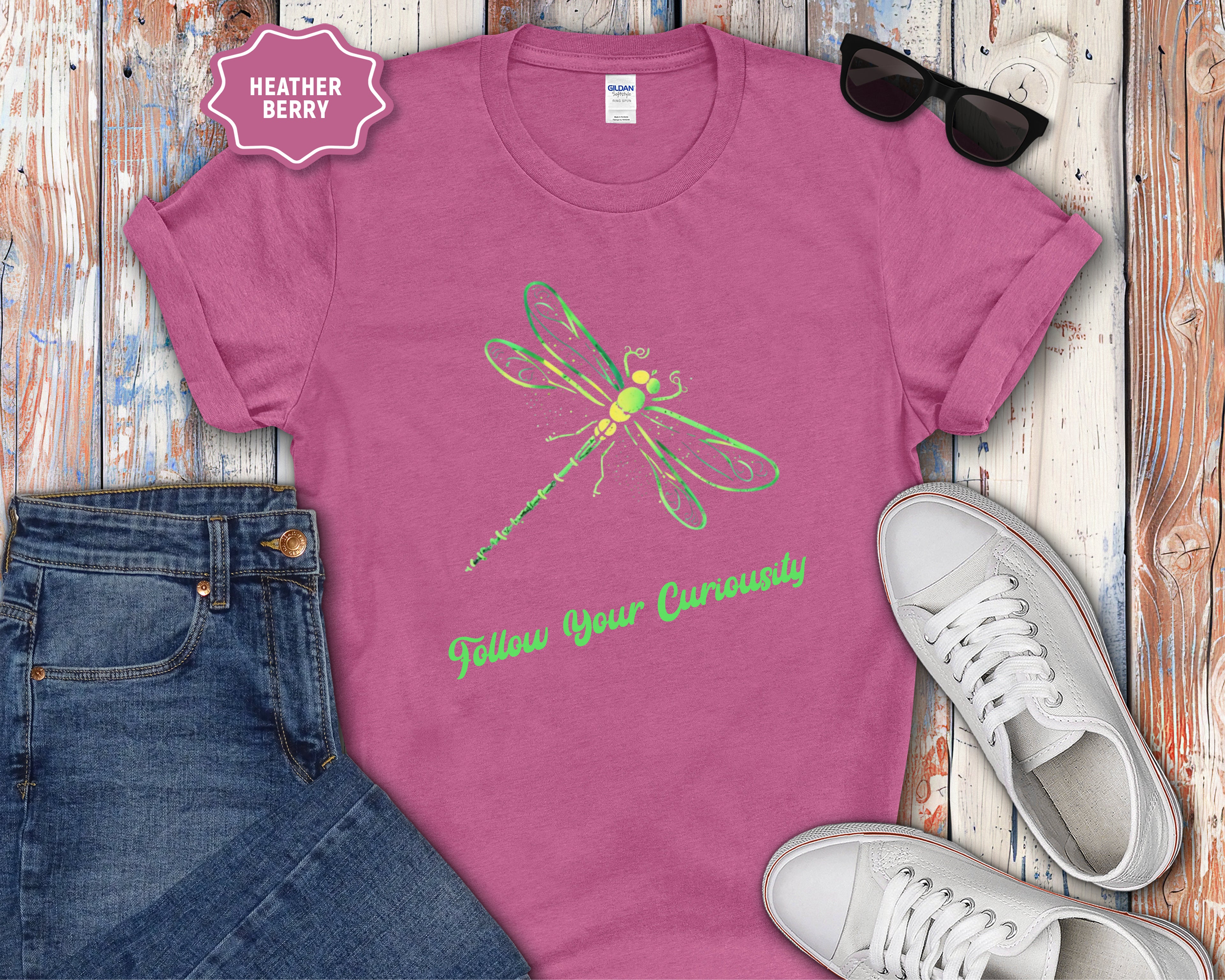Neon Green Dragonfly Illustration T-Shirt | Follow Your Curiousity