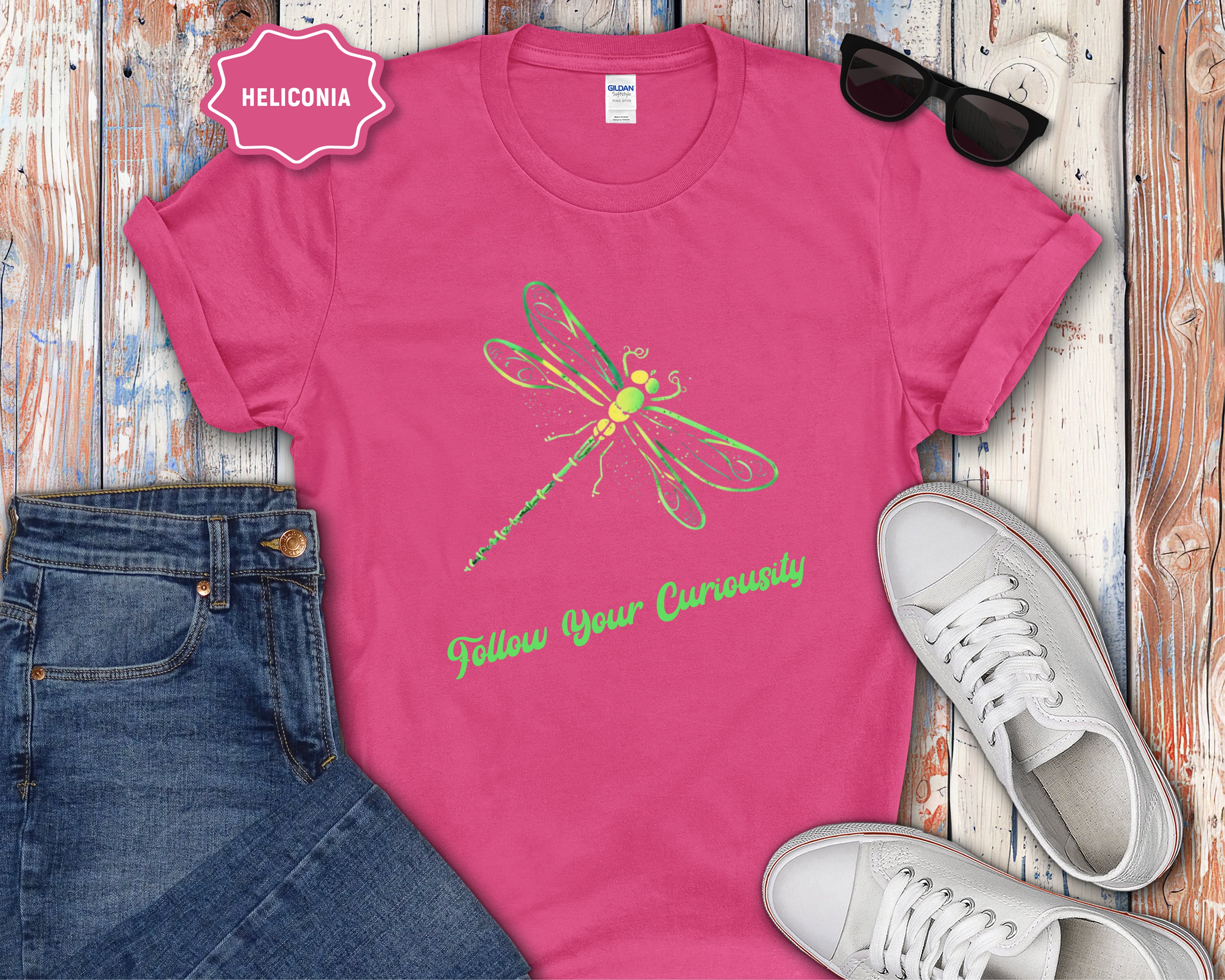 Neon Green Dragonfly Illustration T-Shirt | Follow Your Curiousity