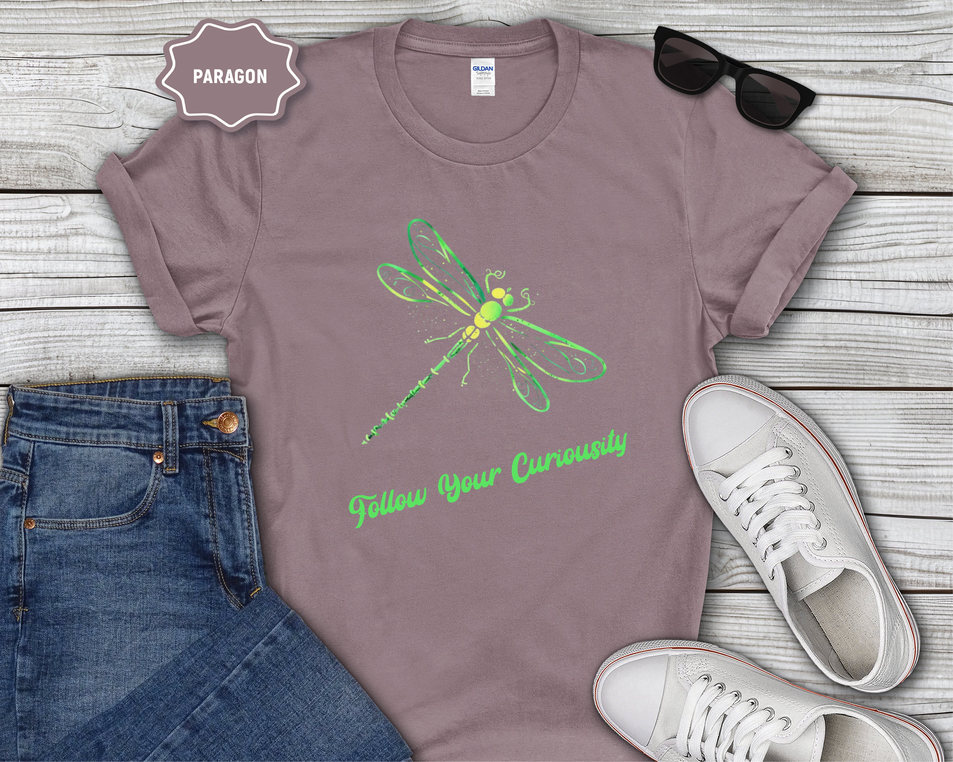 Neon Green Dragonfly Illustration T-Shirt | Follow Your Curiousity