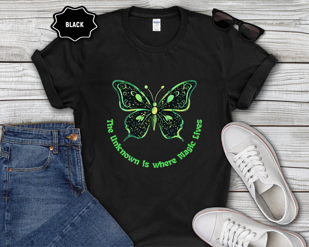 Neon Green Butterfly Illustration T-Shirt | 'The Unknown is Where Magic Lives'
