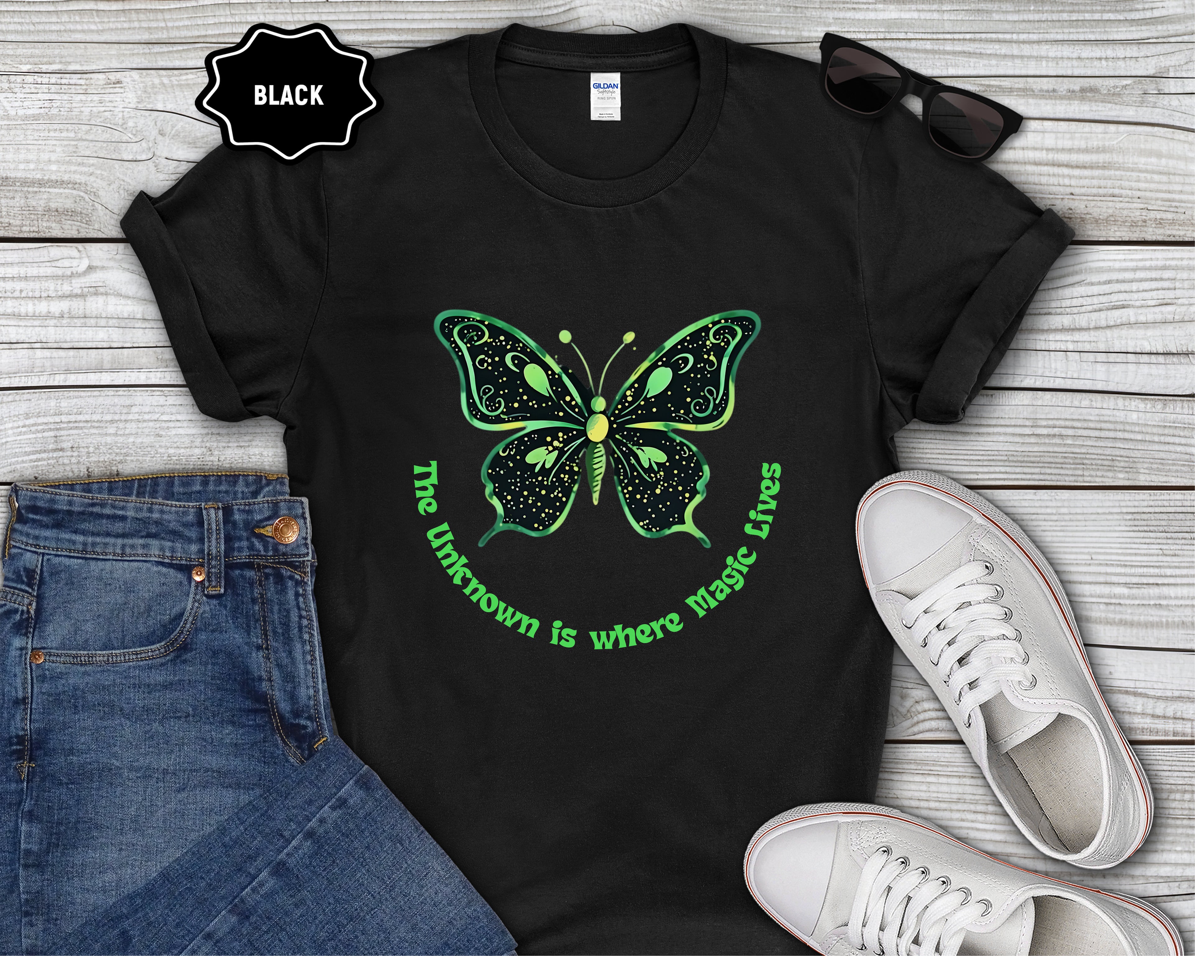 Neon Green Butterfly Illustration T-Shirt | 'The Unknown is Where Magic Lives'