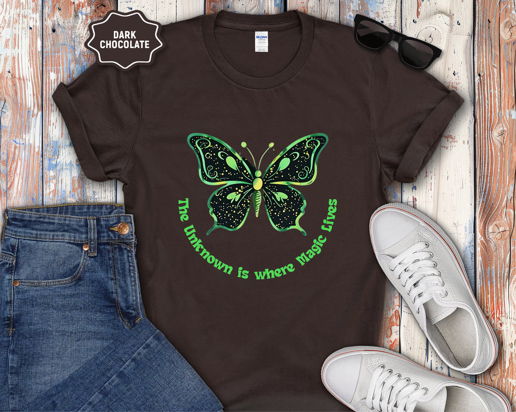 Neon Green Butterfly Illustration T-Shirt | 'The Unknown is Where Magic Lives'