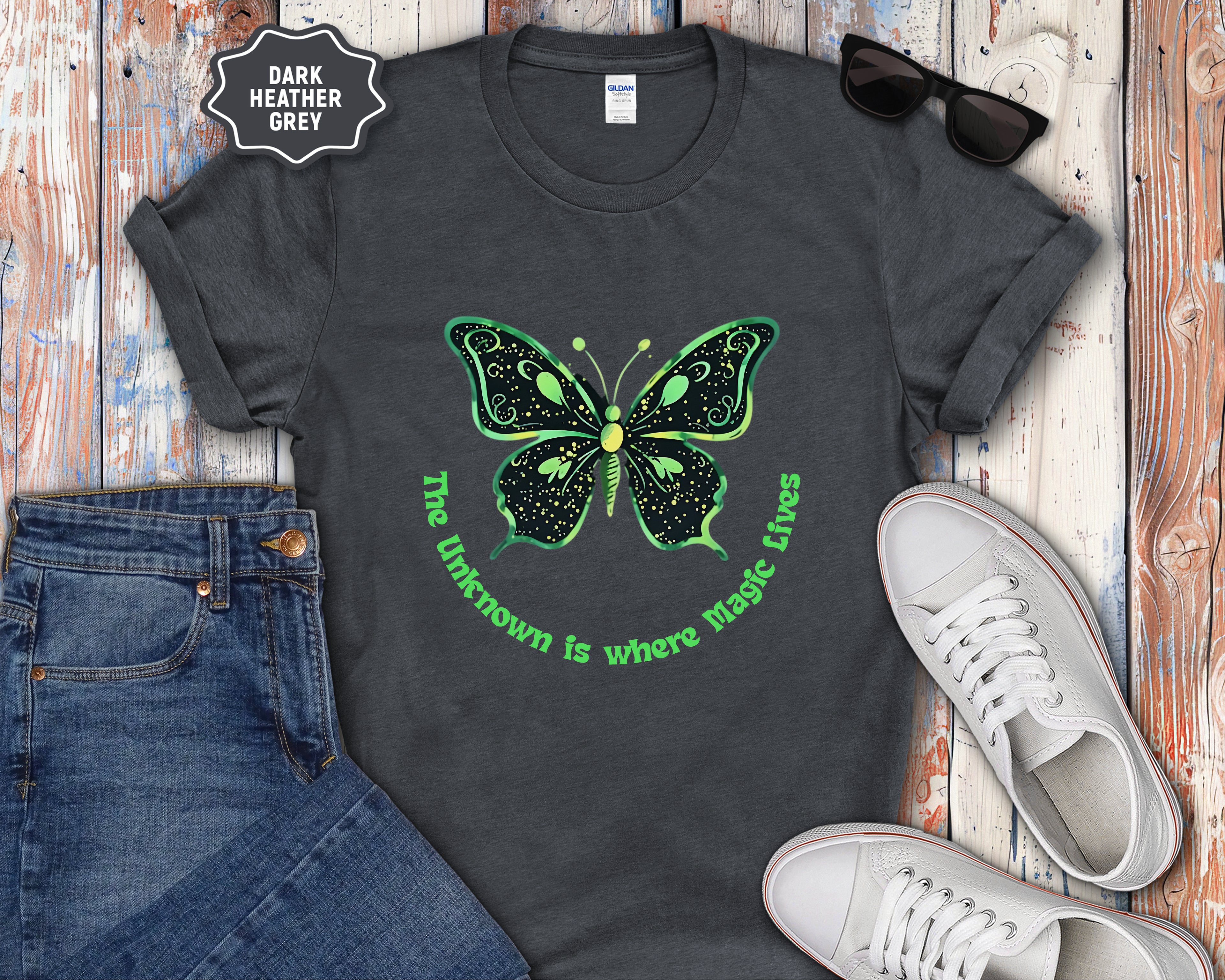 Neon Green Butterfly Illustration T-Shirt | 'The Unknown is Where Magic Lives'