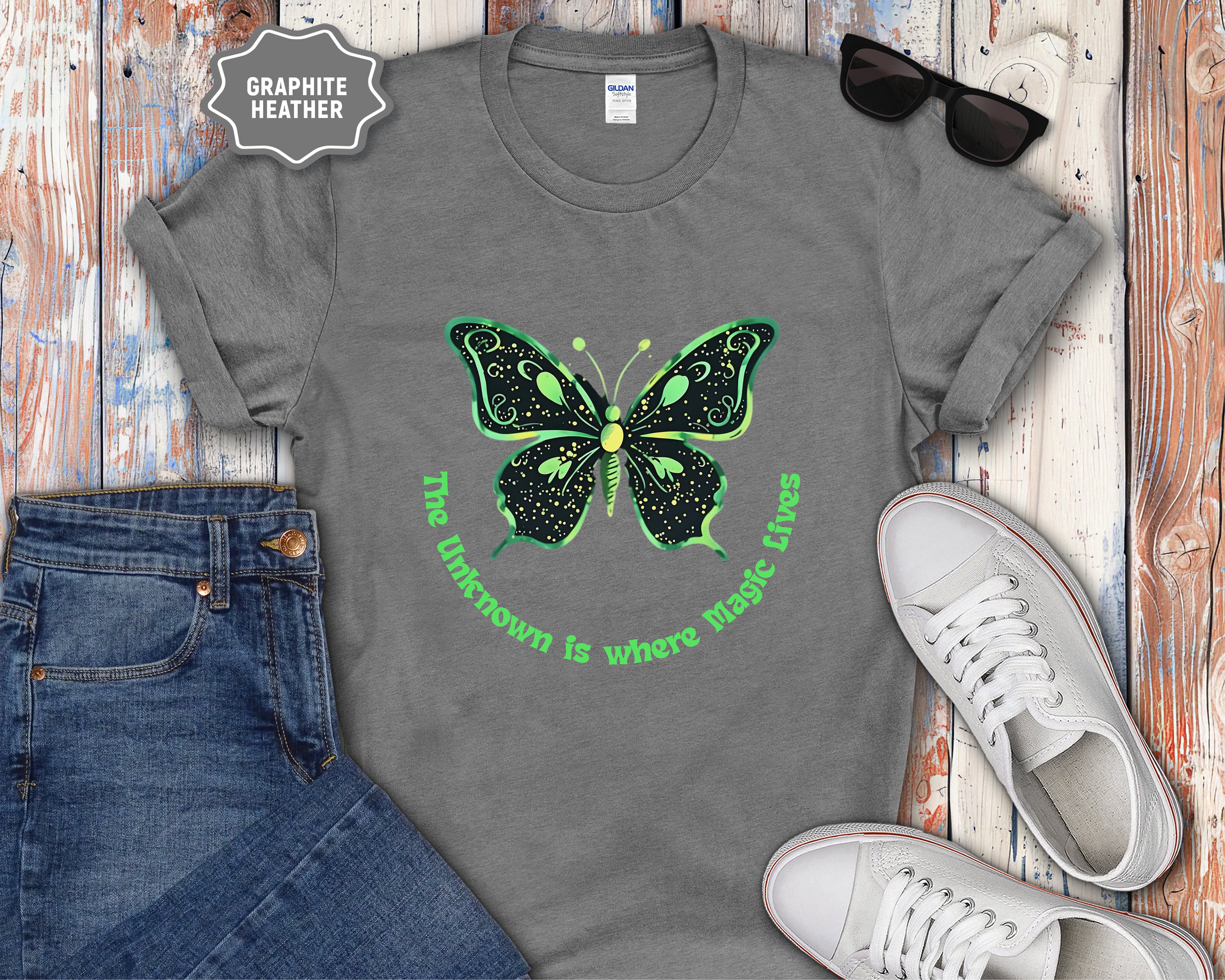 Neon Green Butterfly Illustration T-Shirt | 'The Unknown is Where Magic Lives'