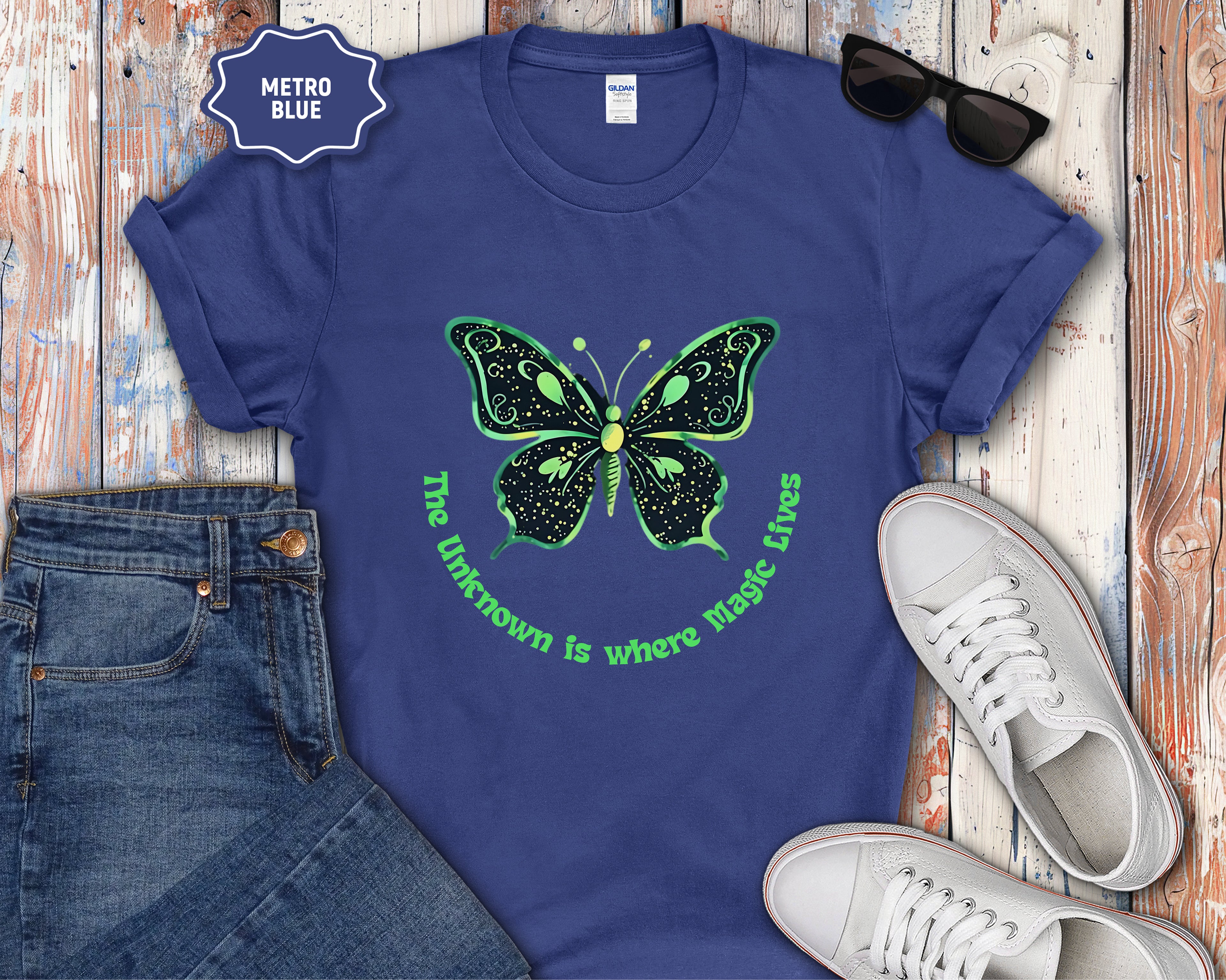 Neon Green Butterfly Illustration T-Shirt | 'The Unknown is Where Magic Lives'