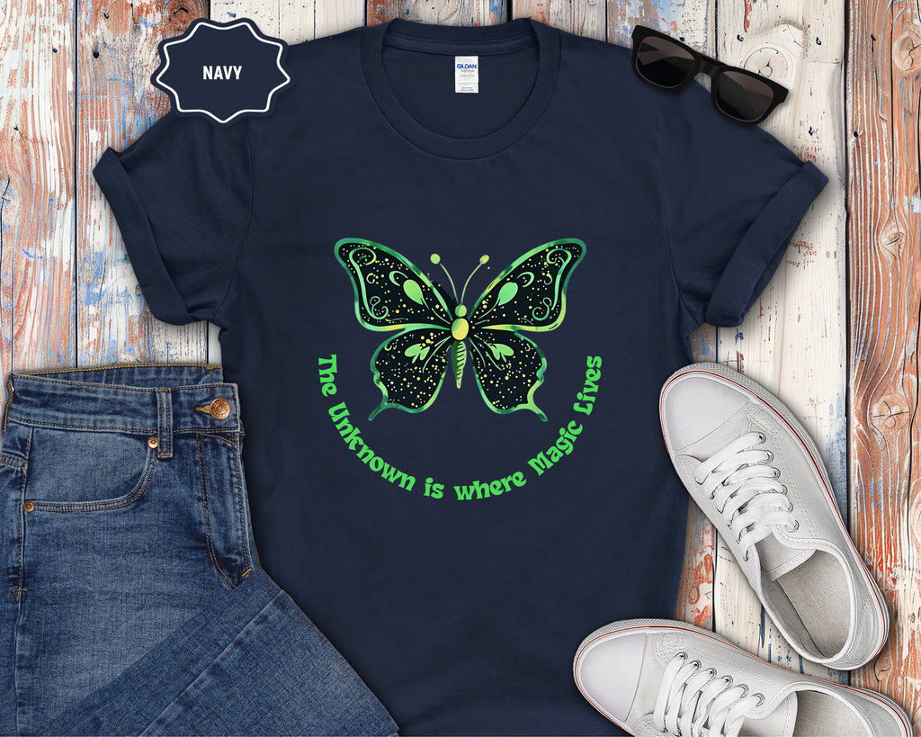 Neon Green Butterfly Illustration T-Shirt | 'The Unknown is Where Magic Lives'