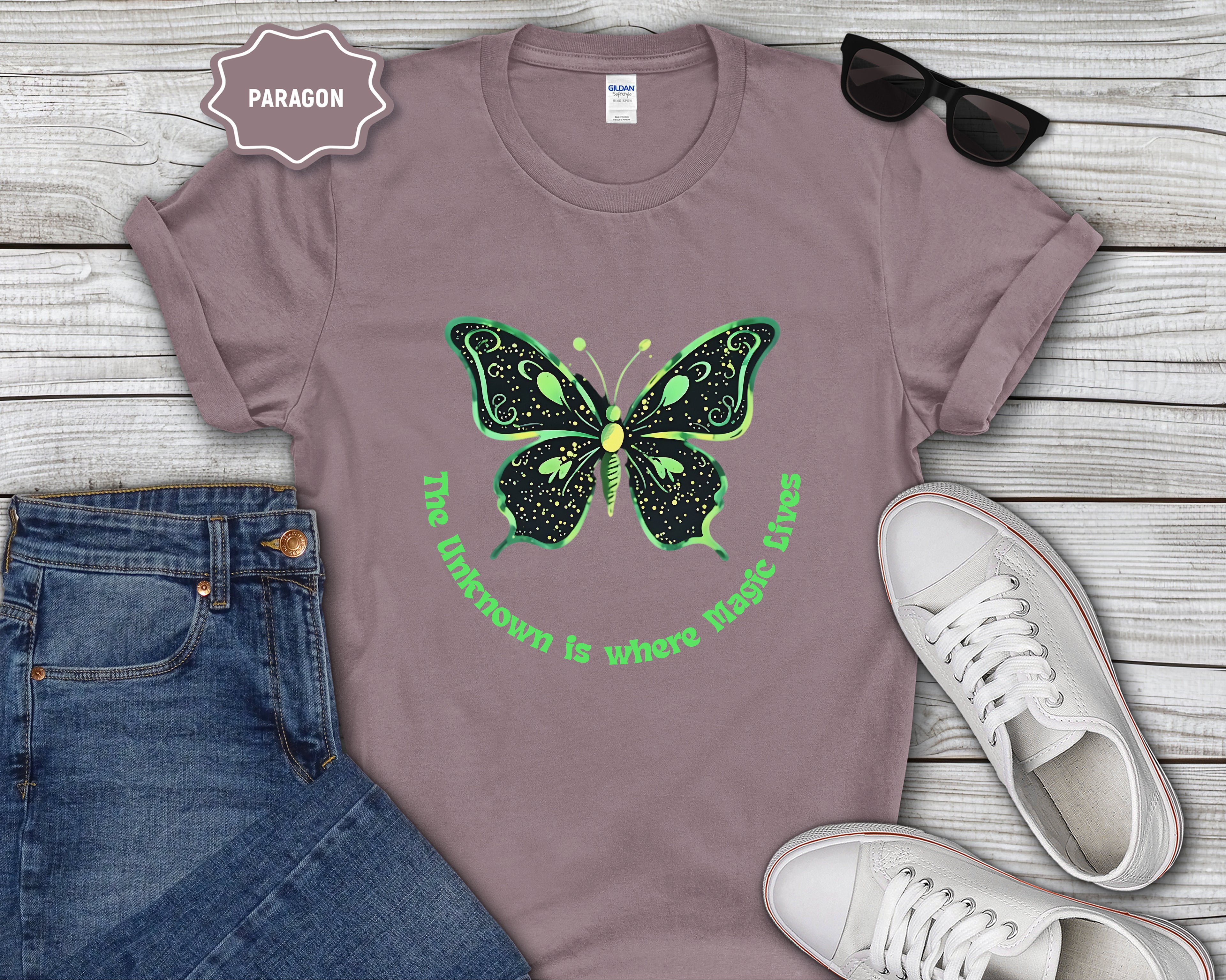 Neon Green Butterfly Illustration T-Shirt | 'The Unknown is Where Magic Lives'