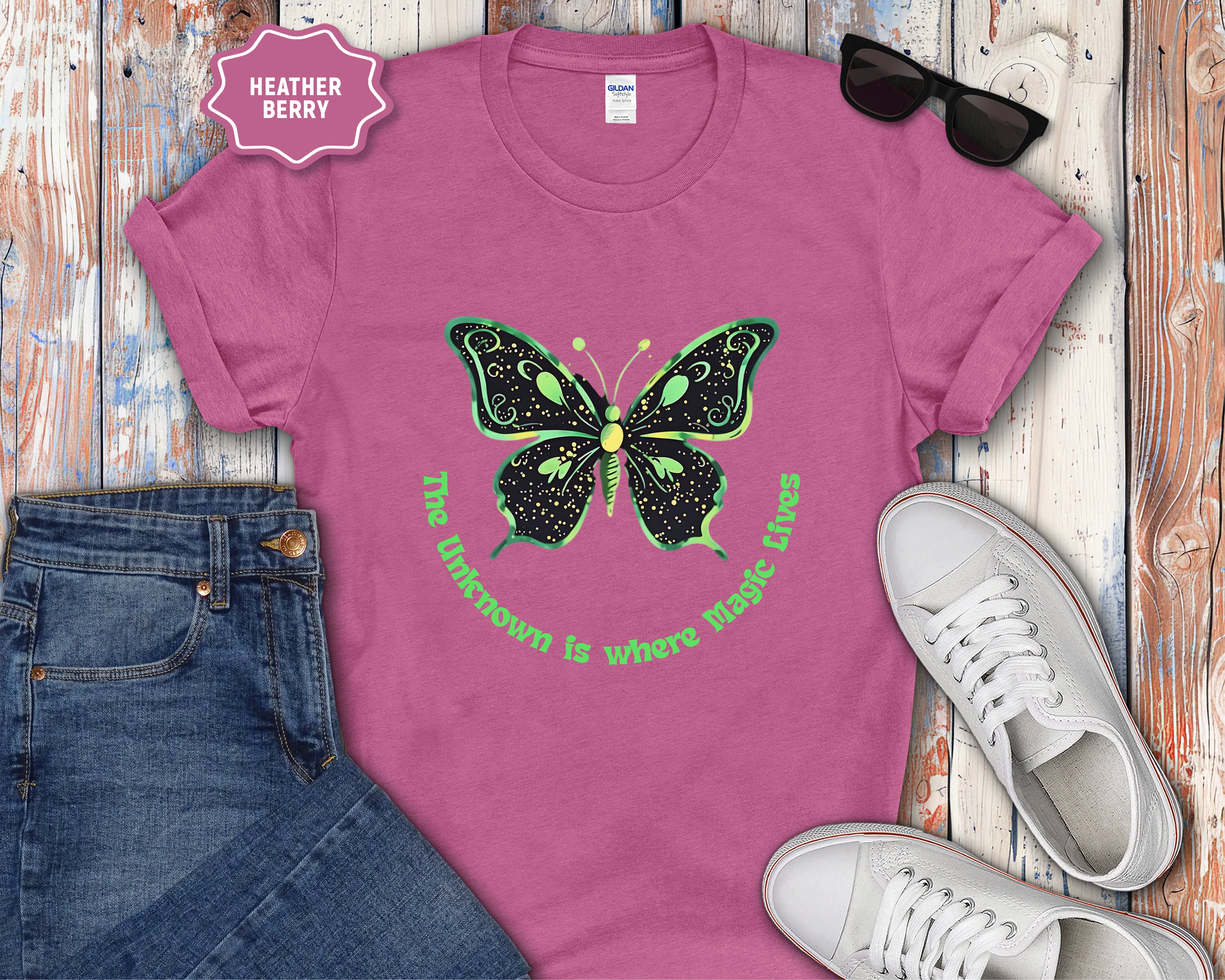 Neon Green Butterfly Illustration T-Shirt | 'The Unknown is Where Magic Lives'