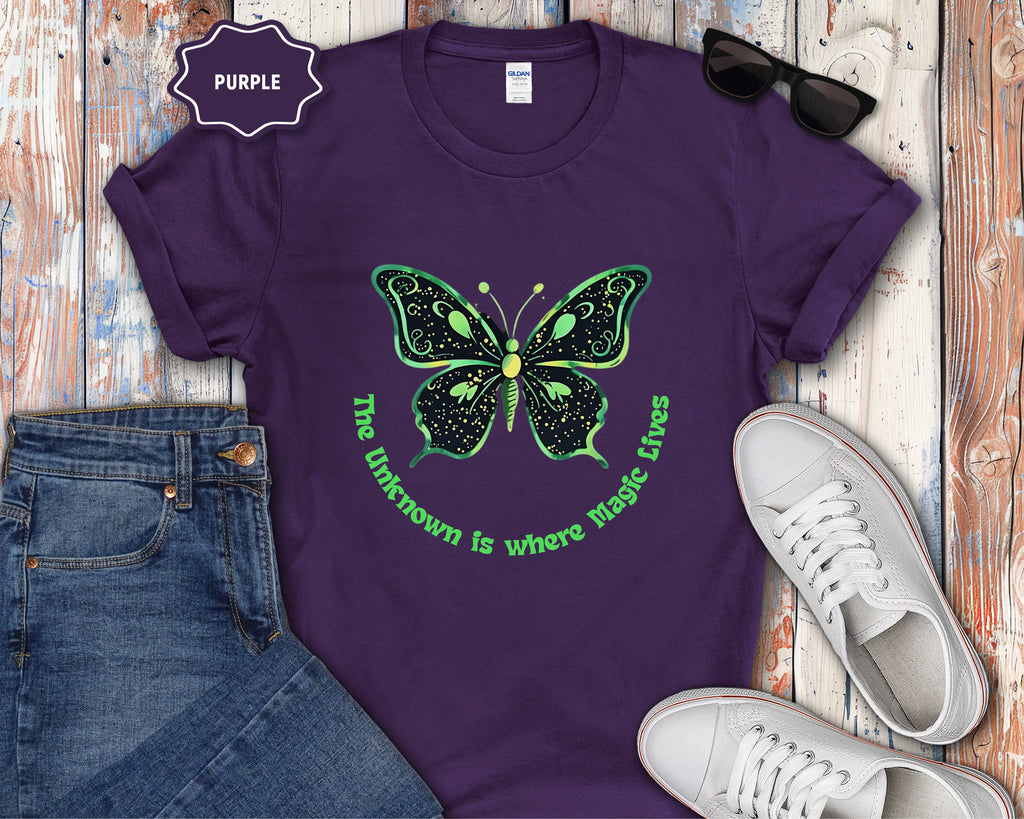 Neon Green Butterfly Illustration T-Shirt | 'The Unknown is Where Magic Lives'