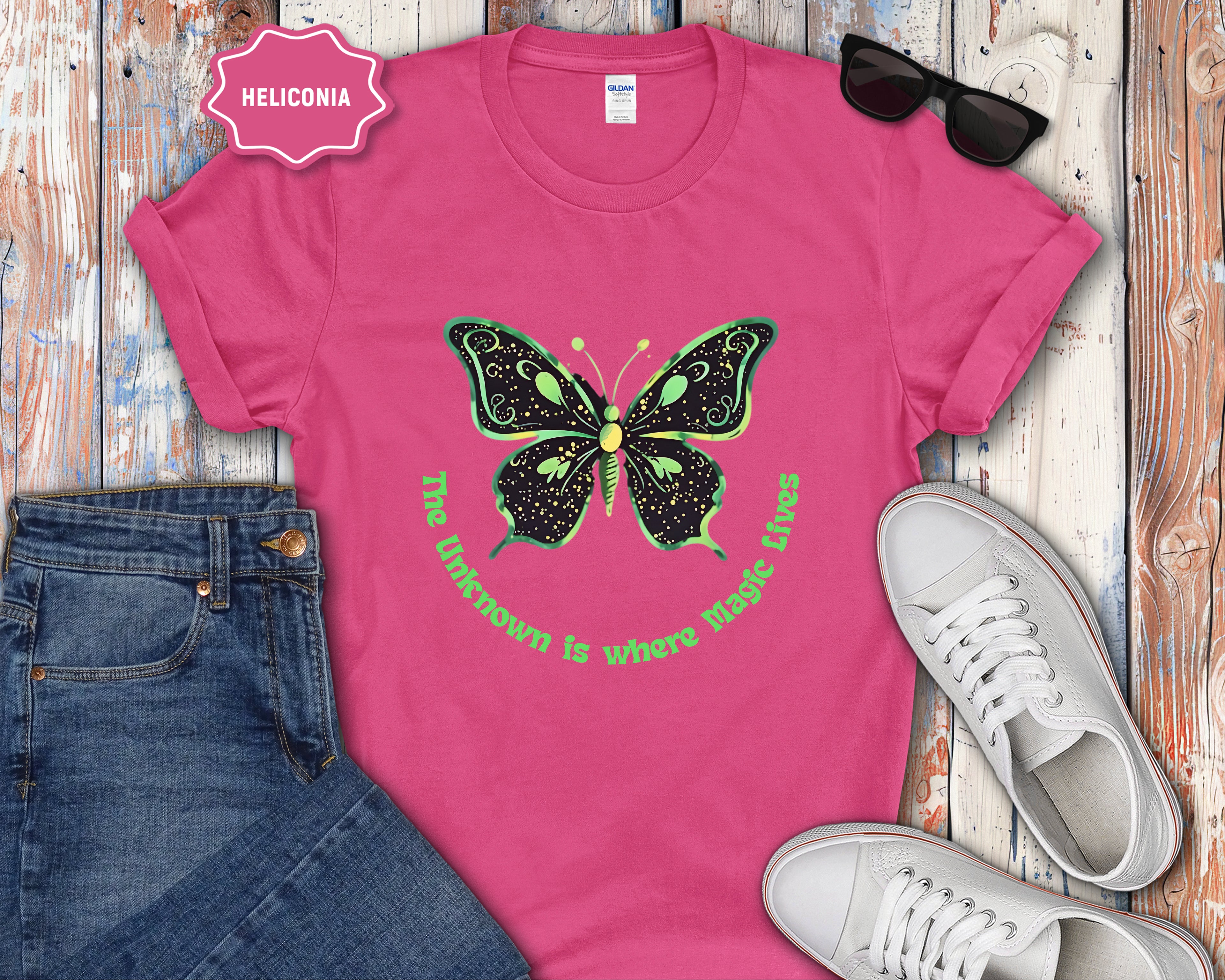 Neon Green Butterfly Illustration T-Shirt | 'The Unknown is Where Magic Lives'