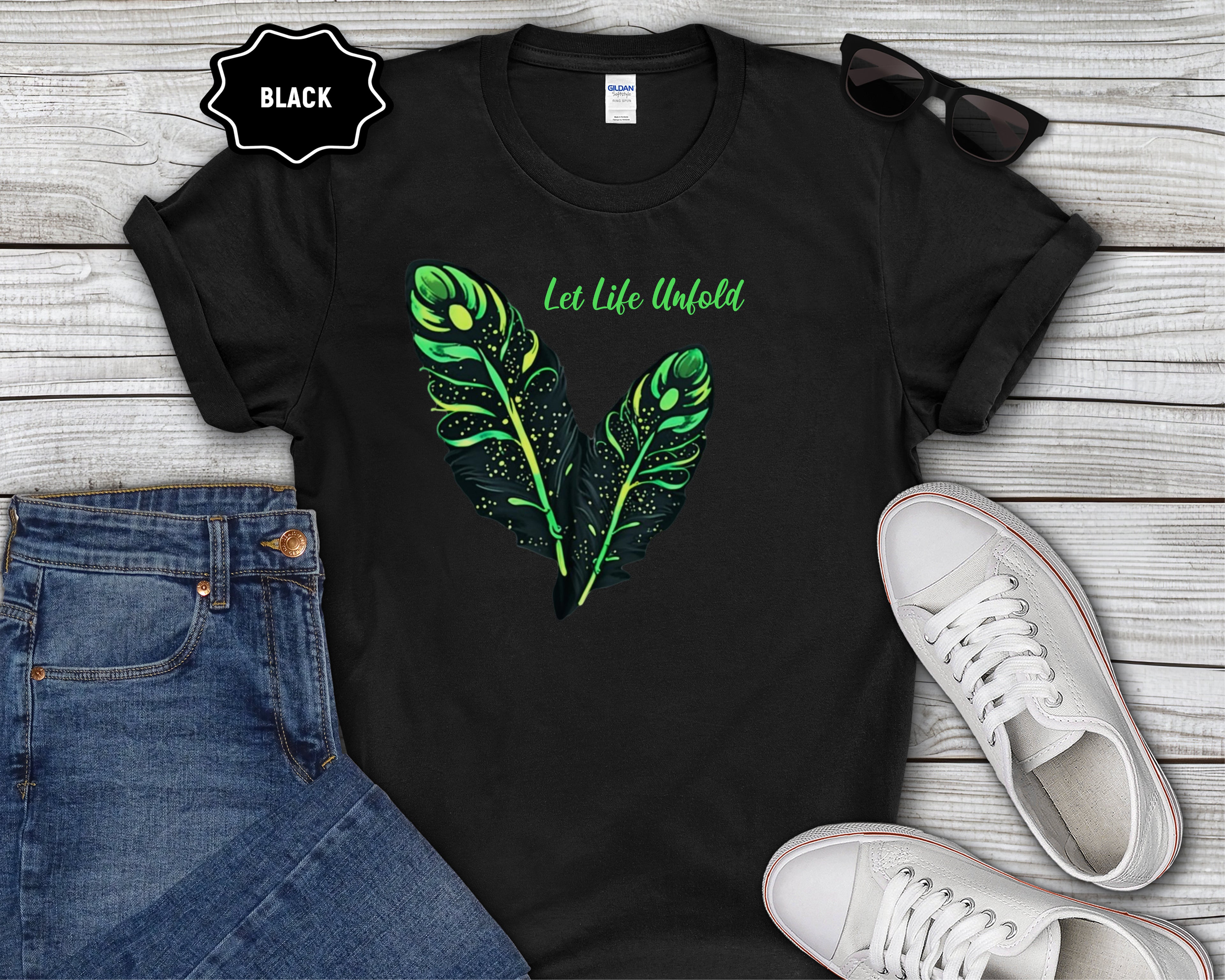 Neon Green Feather Illustration T-Shirt | 'Let Life Unfold'