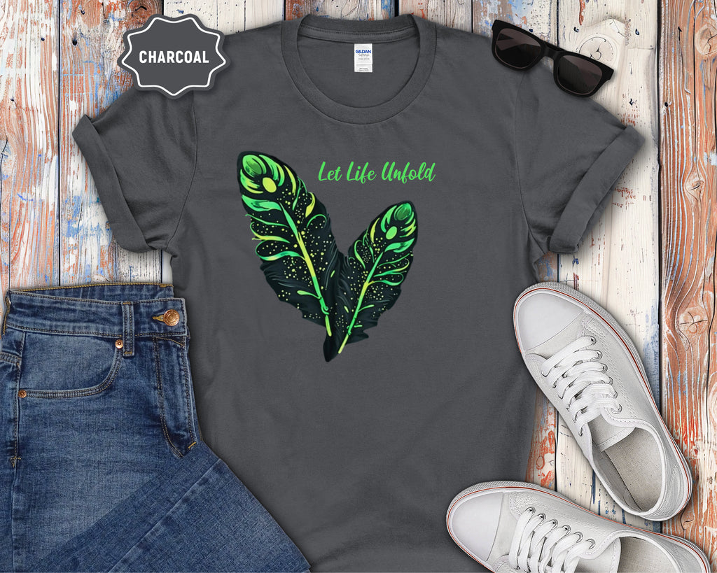 Neon Green Feather Illustration T-Shirt | 'Let Life Unfold'