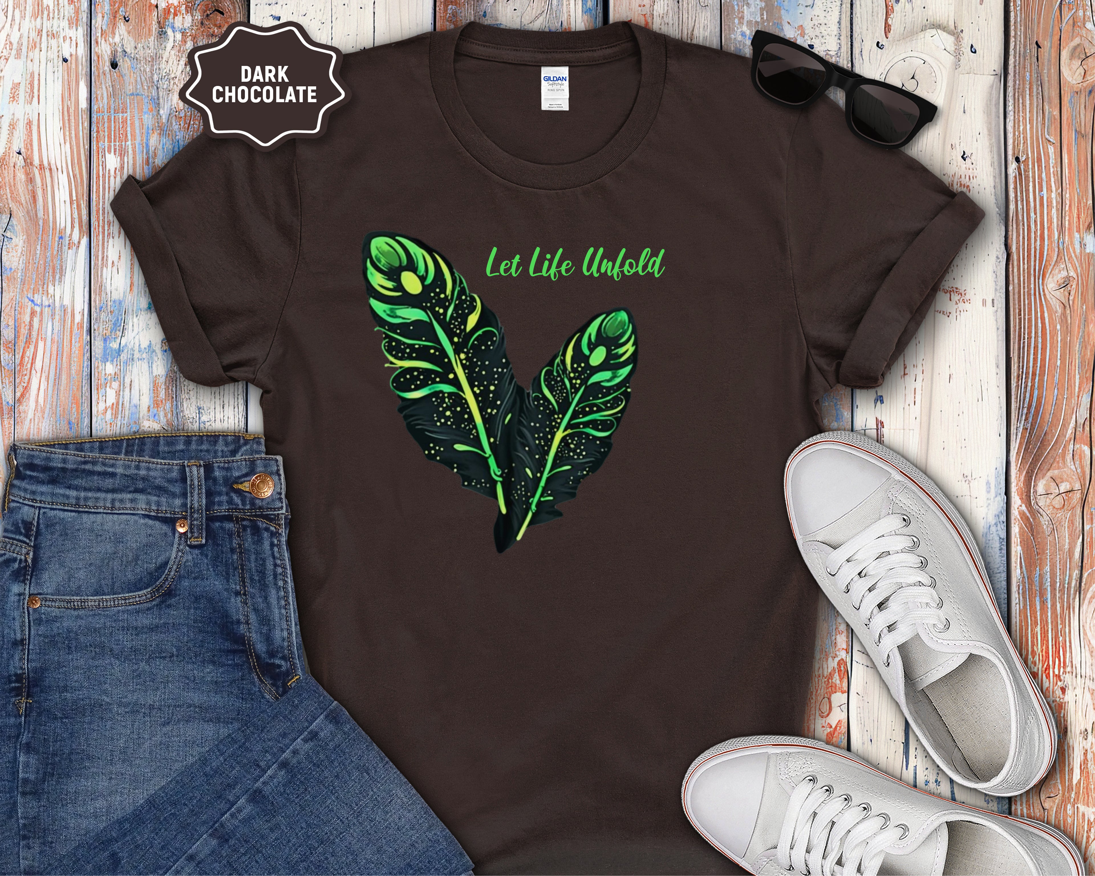 Neon Green Feather Illustration T-Shirt | 'Let Life Unfold'