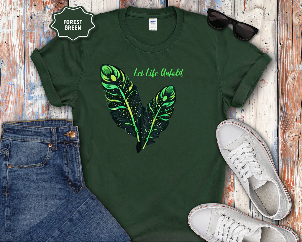 Neon Green Feather Illustration T-Shirt | 'Let Life Unfold'