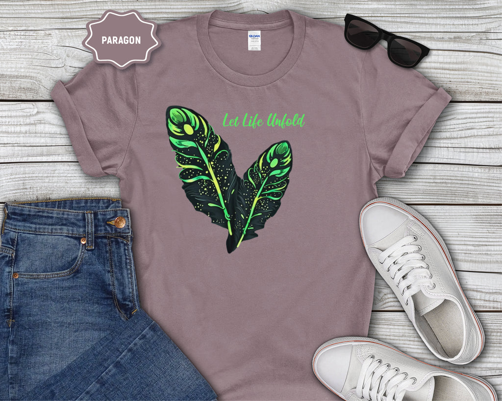 Neon Green Feather Illustration T-Shirt | 'Let Life Unfold'