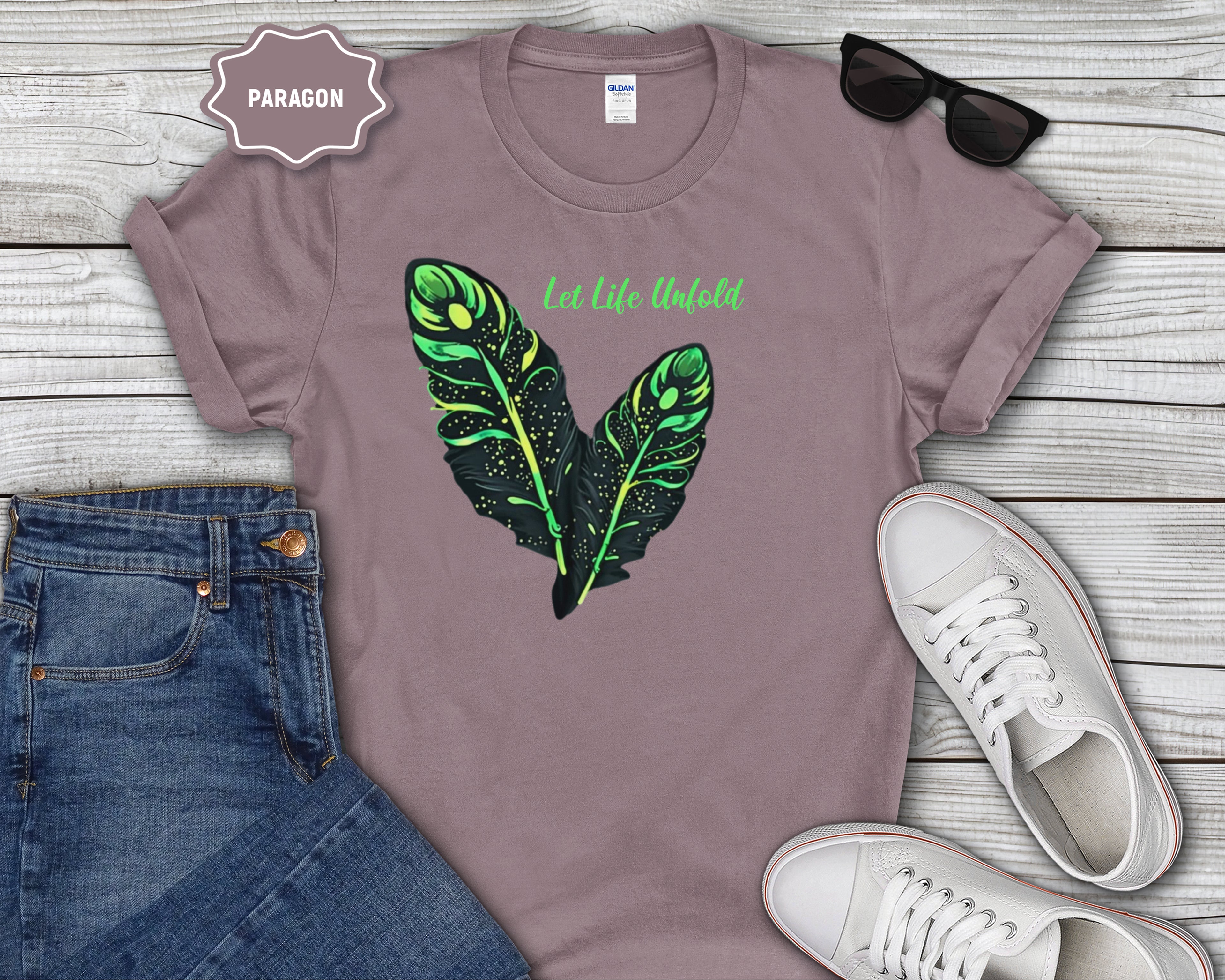 Neon Green Feather Illustration T-Shirt | 'Let Life Unfold'