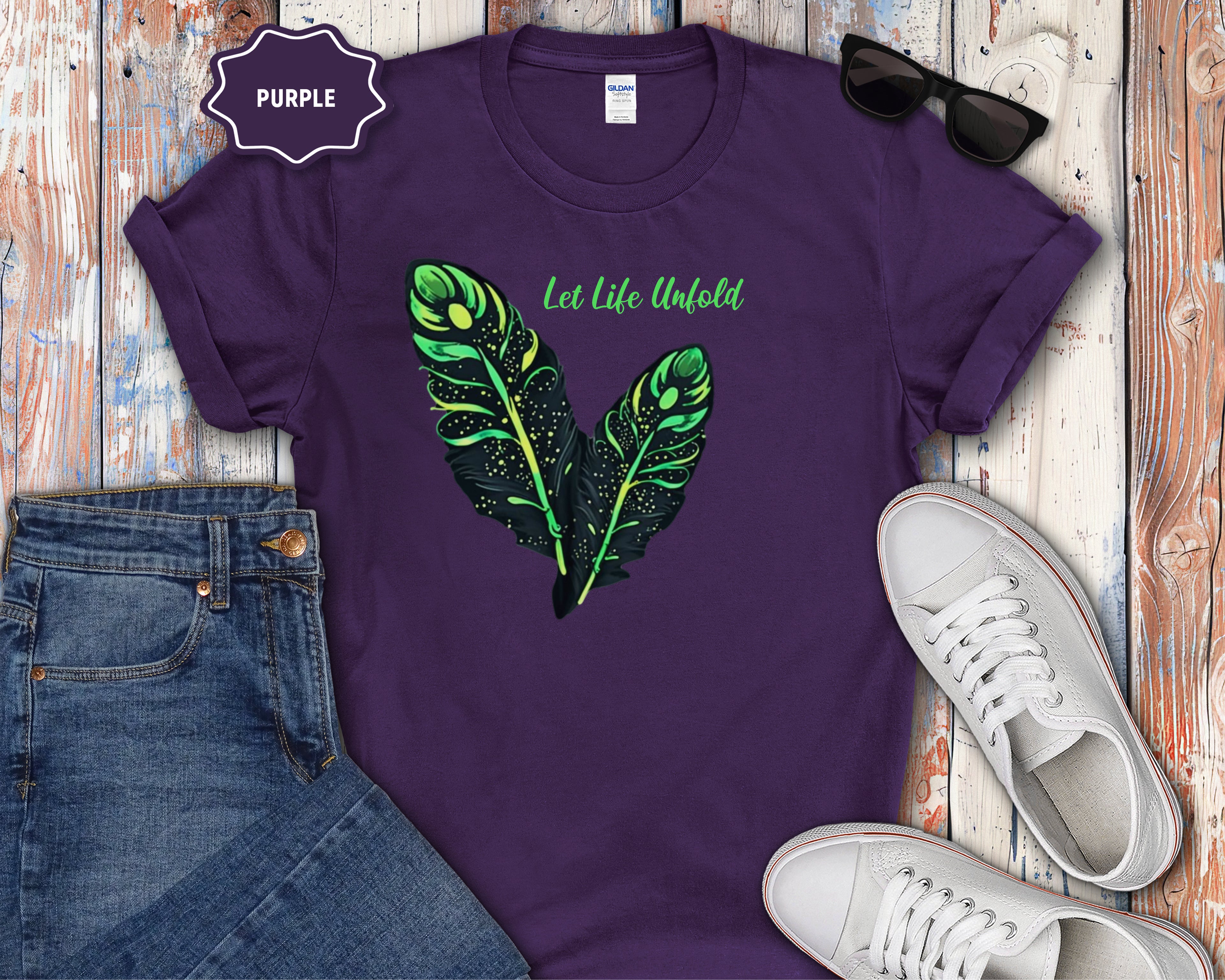 Neon Green Feather Illustration T-Shirt | 'Let Life Unfold'