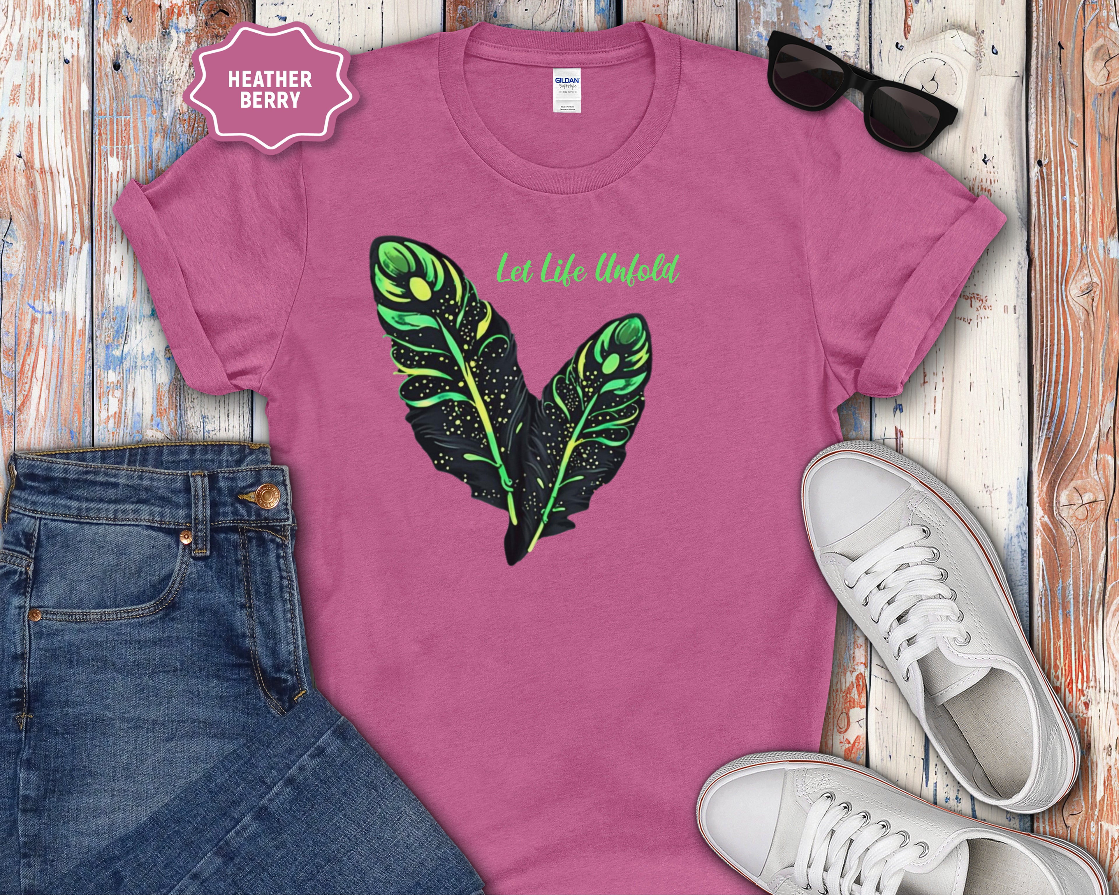Neon Green Feather Illustration T-Shirt | 'Let Life Unfold'