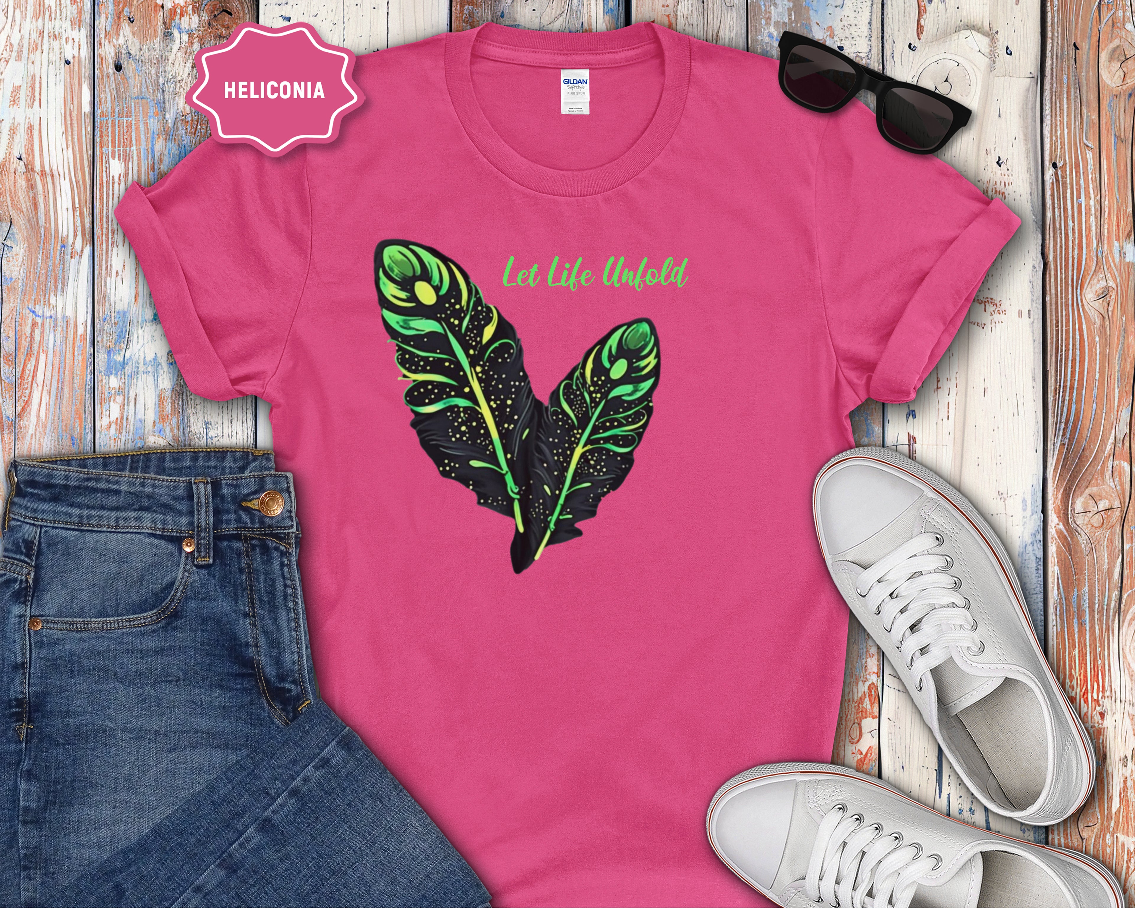 Neon Green Feather Illustration T-Shirt | 'Let Life Unfold'