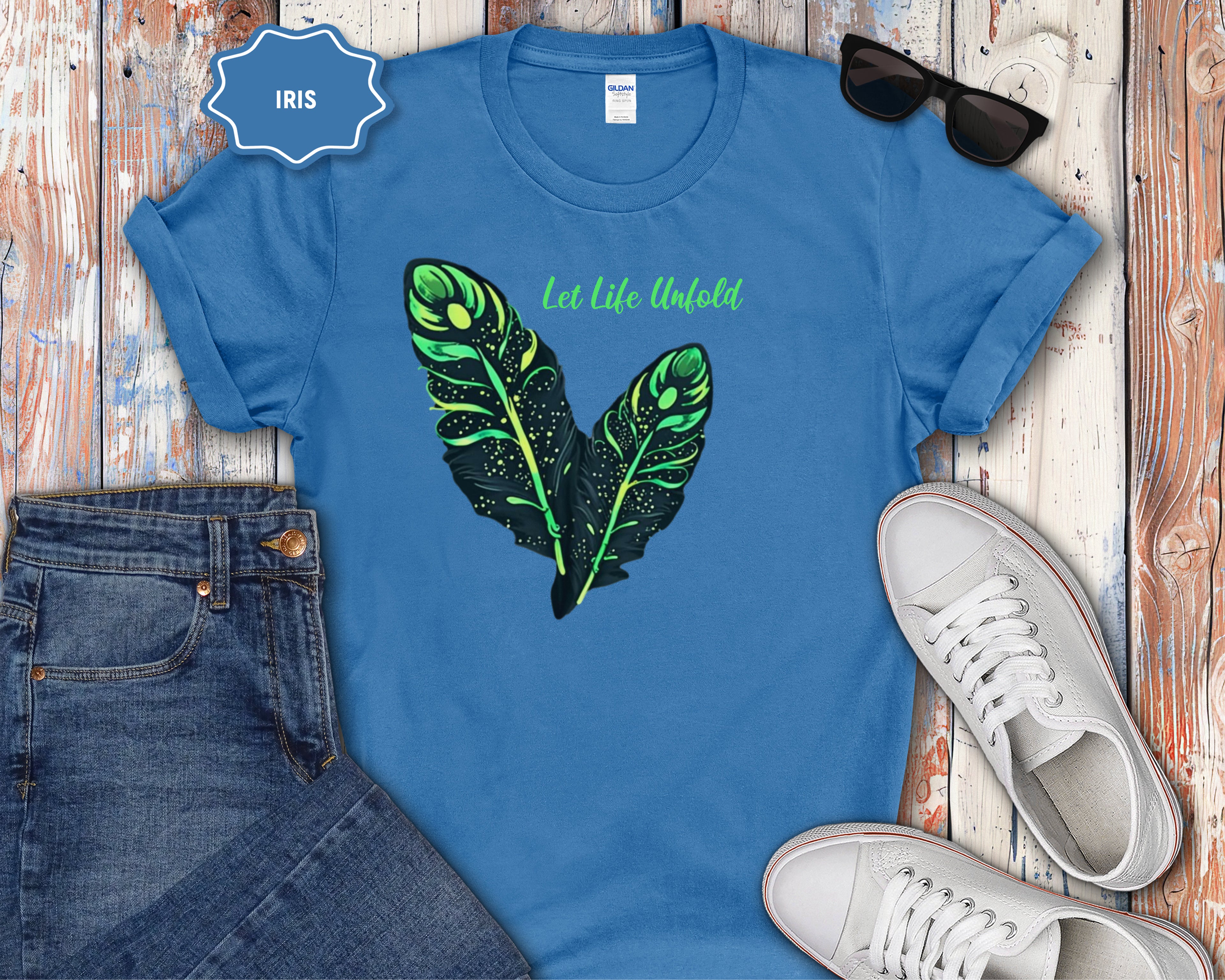 Neon Green Feather Illustration T-Shirt | 'Let Life Unfold'