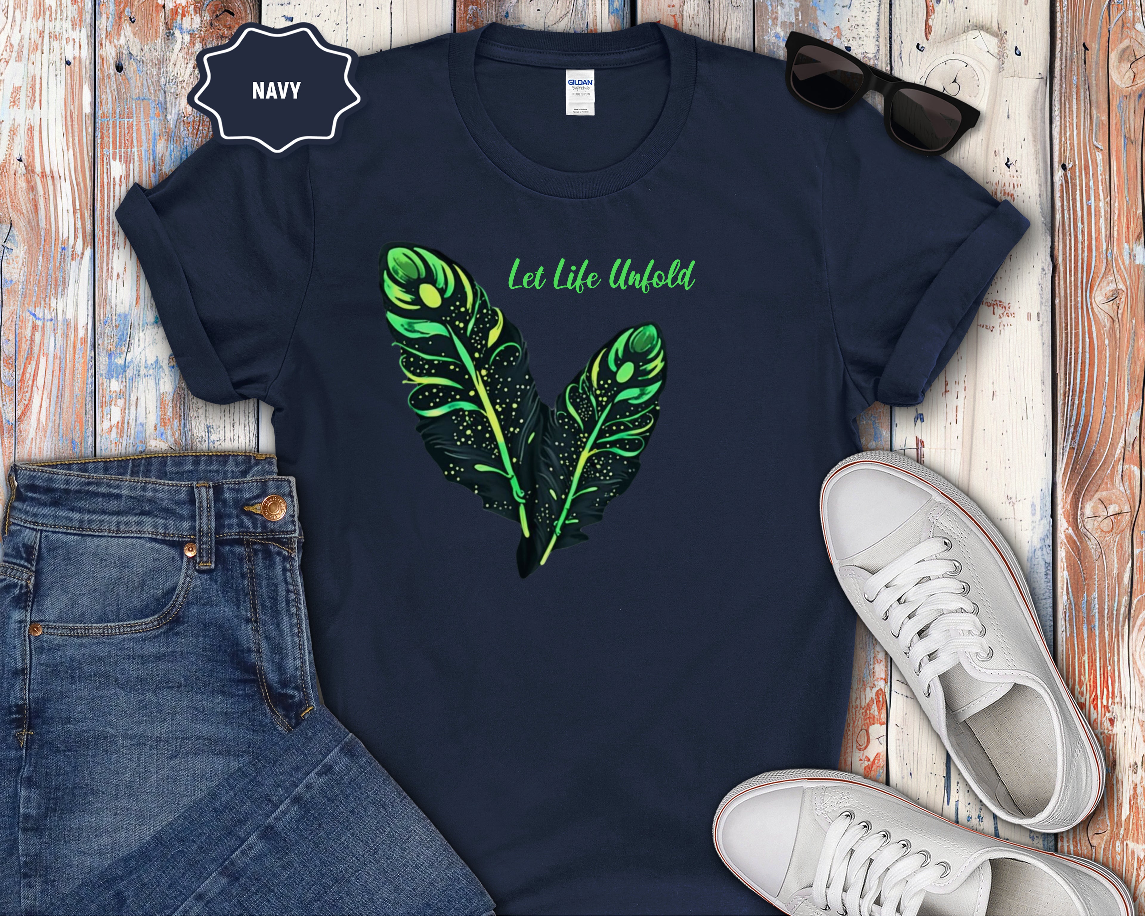 Neon Green Feather Illustration T-Shirt | 'Let Life Unfold'