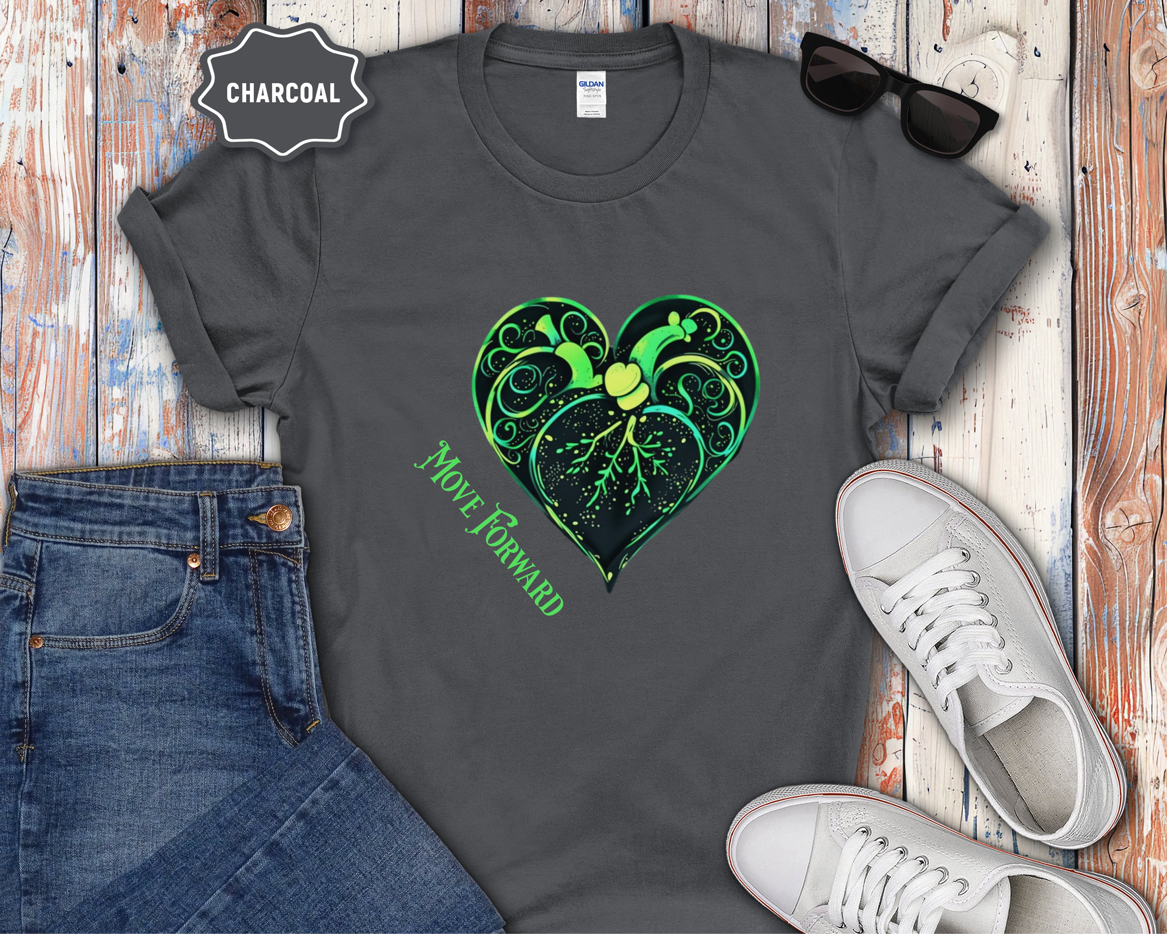 Neon Green Heart Illustration T-Shirt | 'Move Forward'