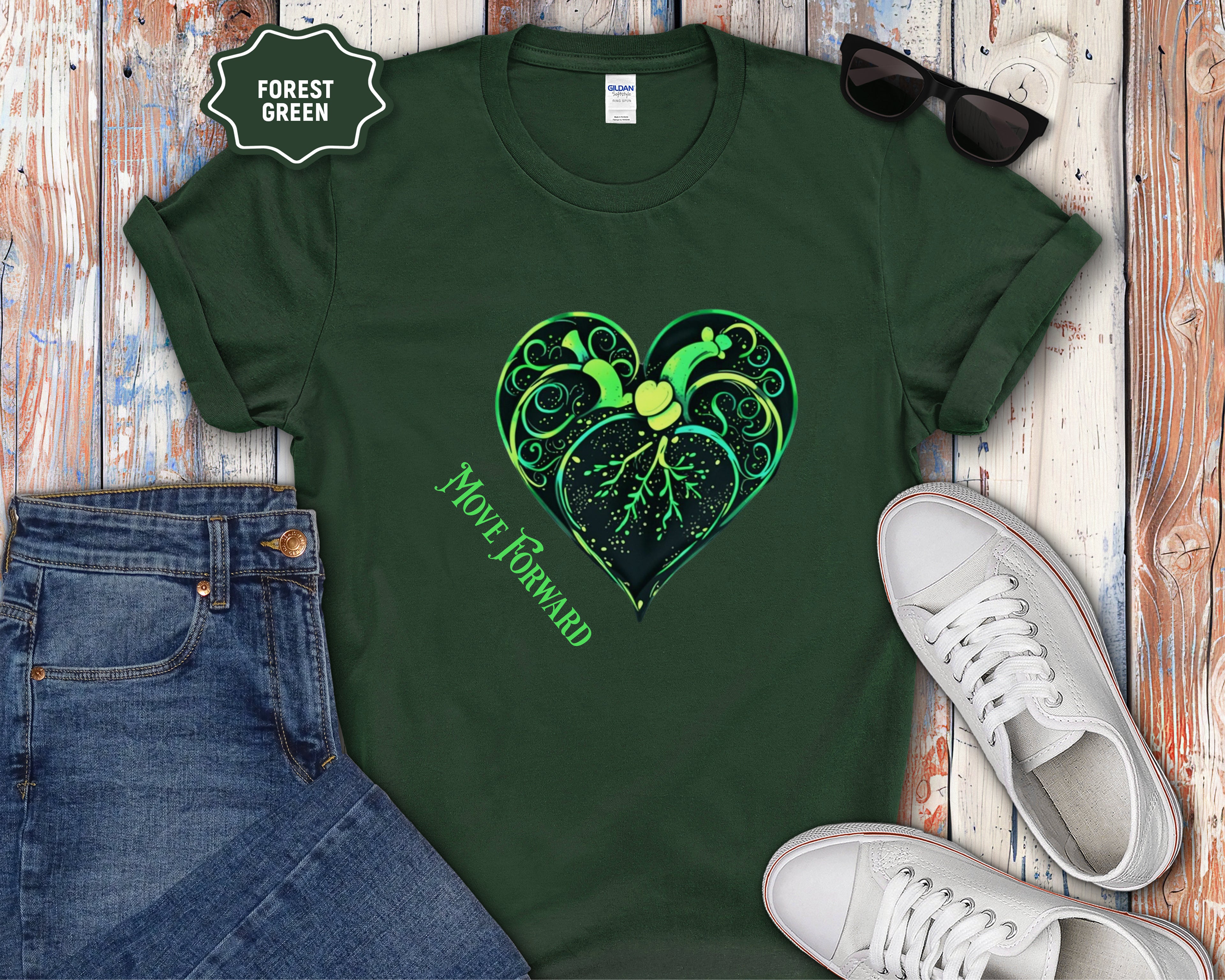Neon Green Heart Illustration T-Shirt | 'Move Forward'