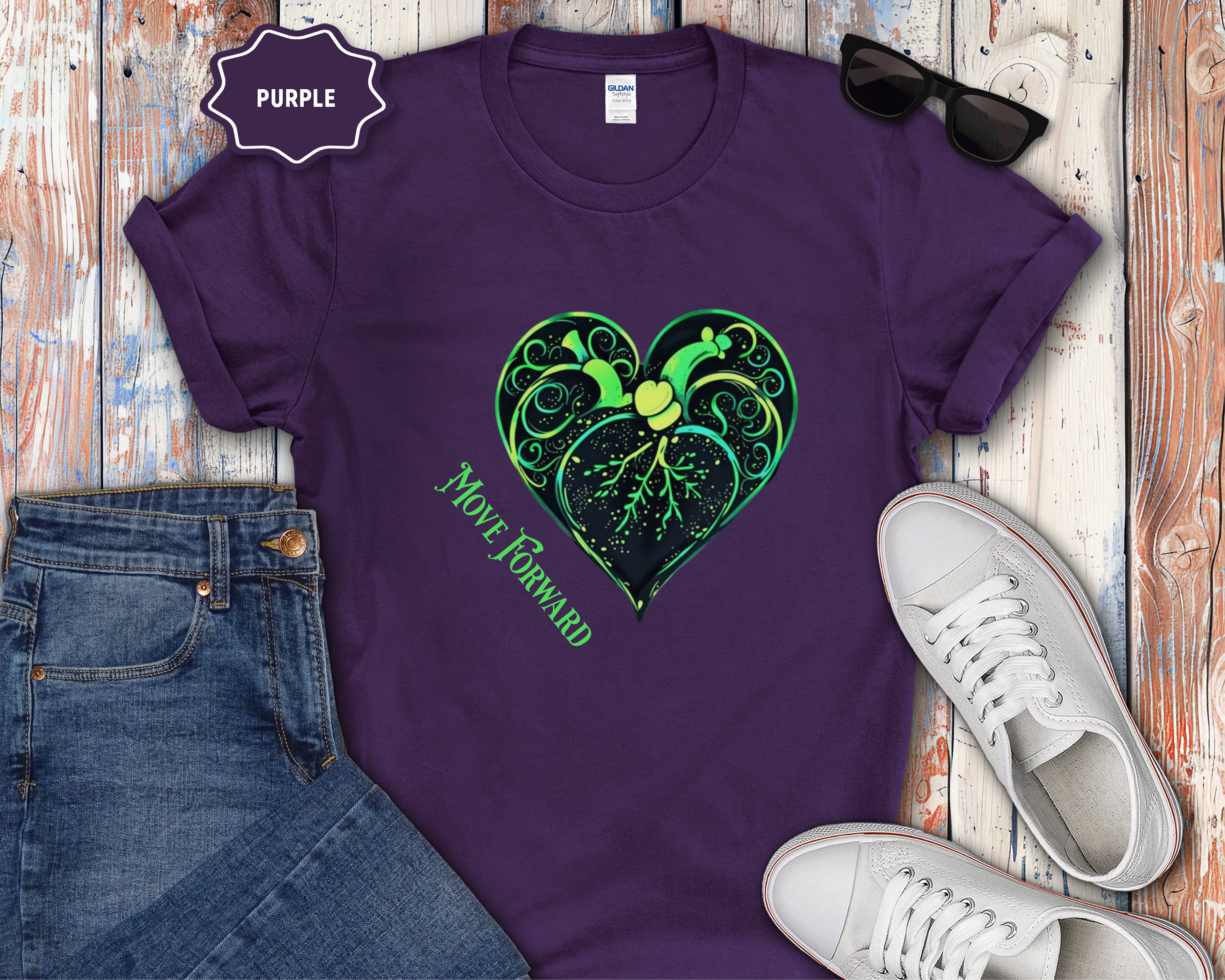 Neon Green Heart Illustration T-Shirt | 'Move Forward'