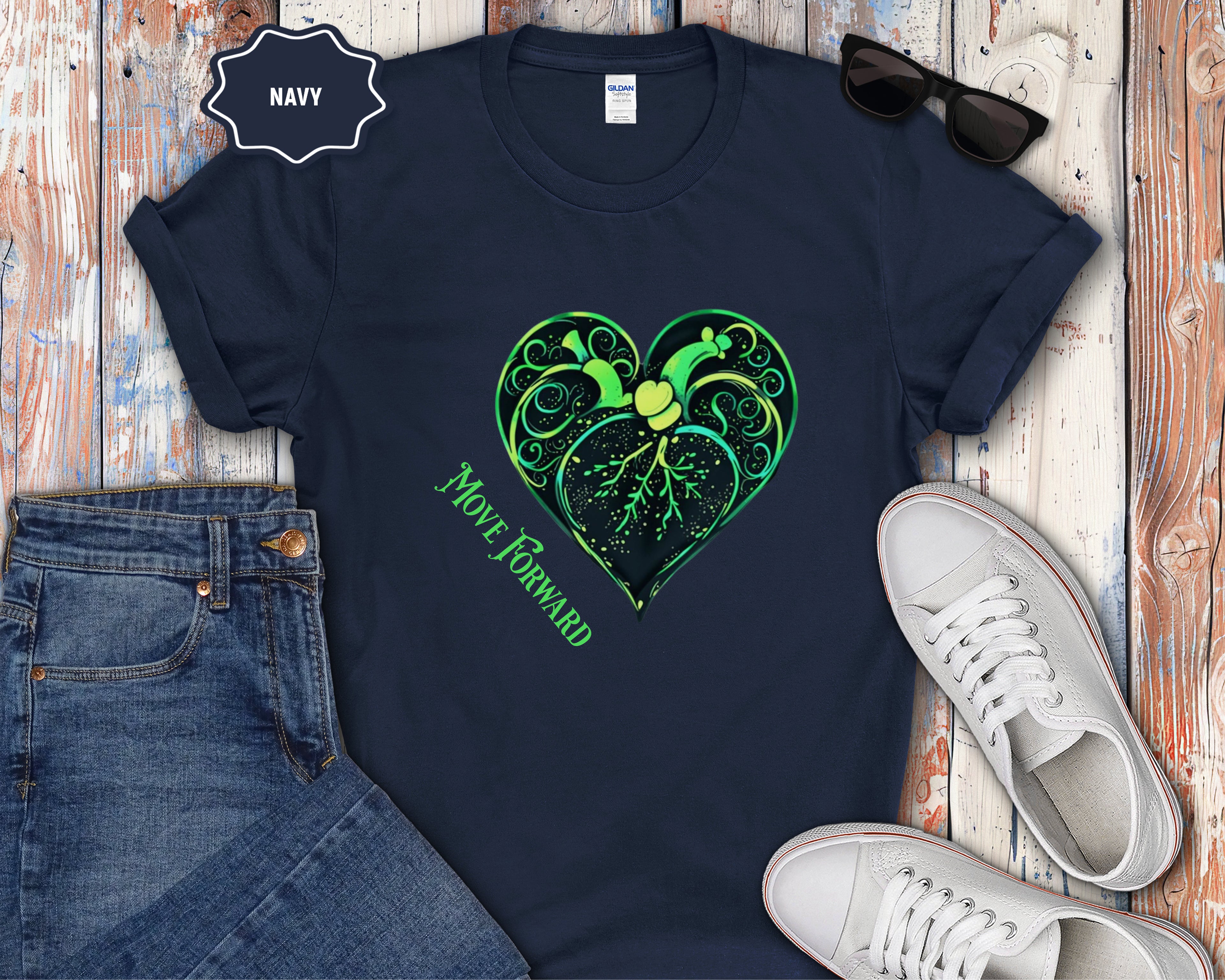Neon Green Heart Illustration T-Shirt | 'Move Forward'