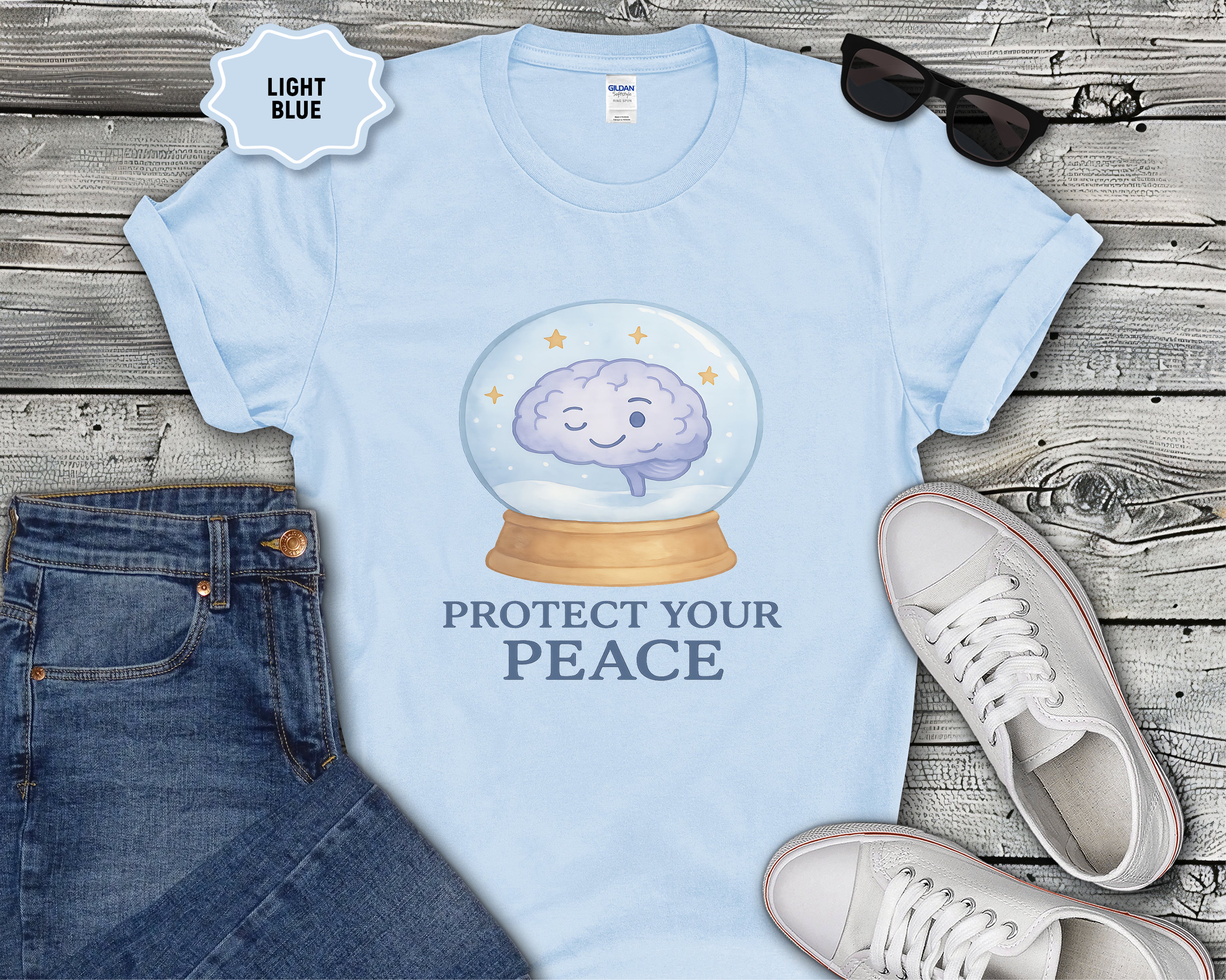 Protect Your Peace brain in snow globe T-Shirt | mental health, calming design