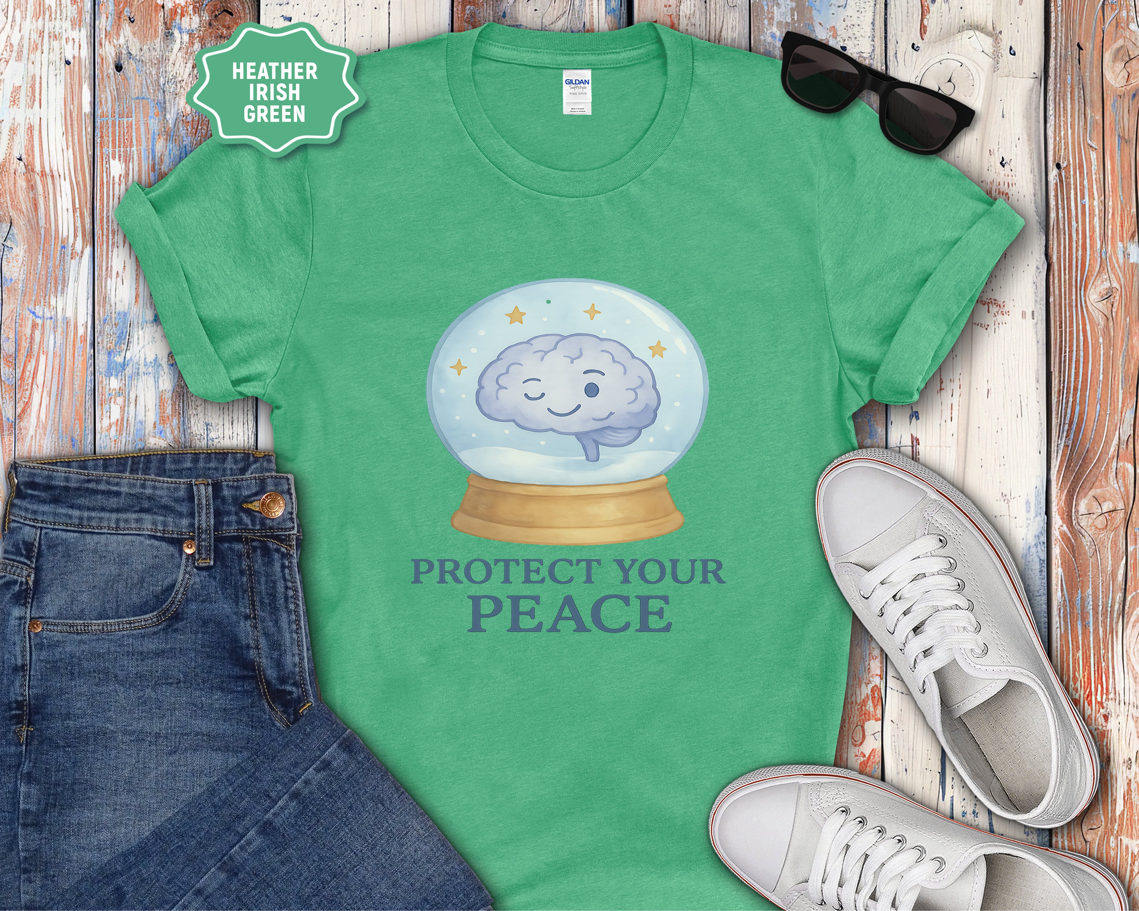 Protect Your Peace brain in snow globe T-Shirt | mental health, calming design